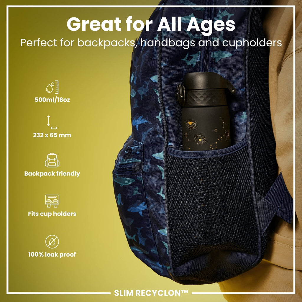 Ion8 Leak Proof Slim Water Bottle in Celestial Universe design, 500ml, featuring a sleek, reusable water container with secure lid.