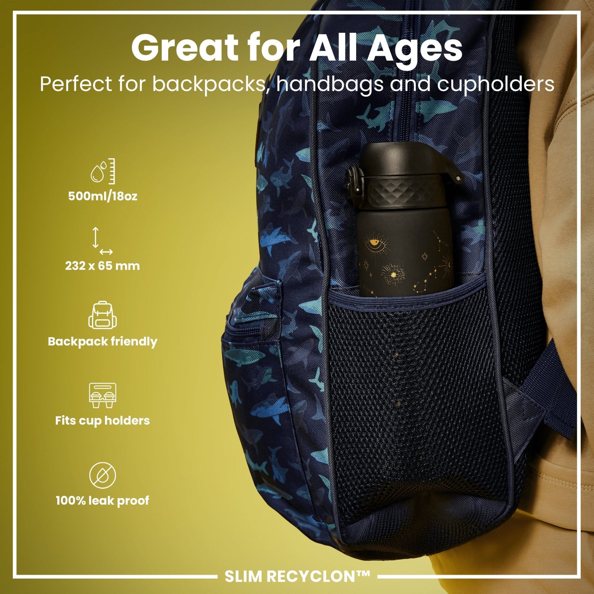 Ion8 Leak Proof Slim Water Bottle in Celestial Universe design, 500ml, featuring a sleek, reusable water container with secure lid.