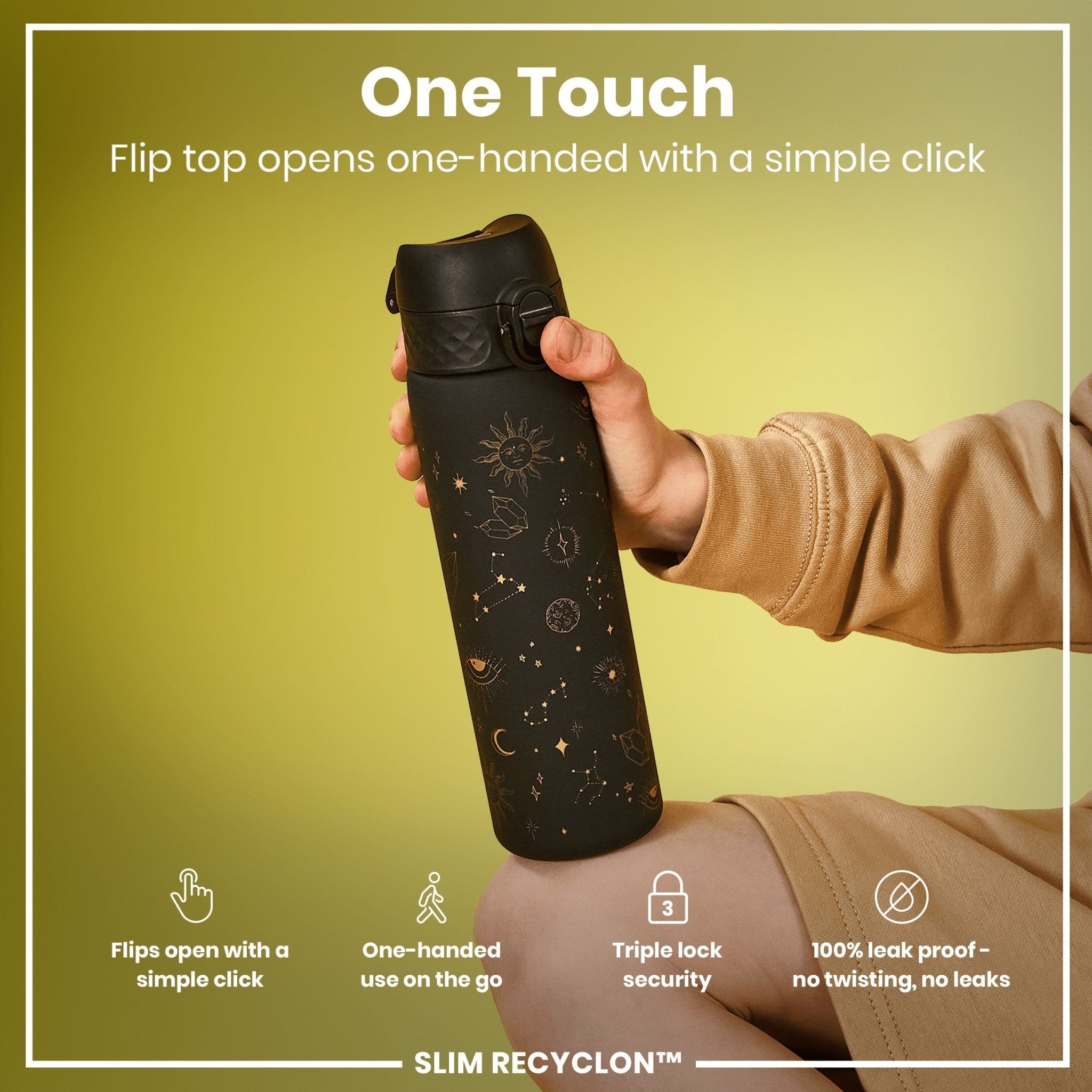 Recyclon Leak Proof Slim Water Bottle by ION8 featuring a celestial universe design, 500ml capacity, on a white background.