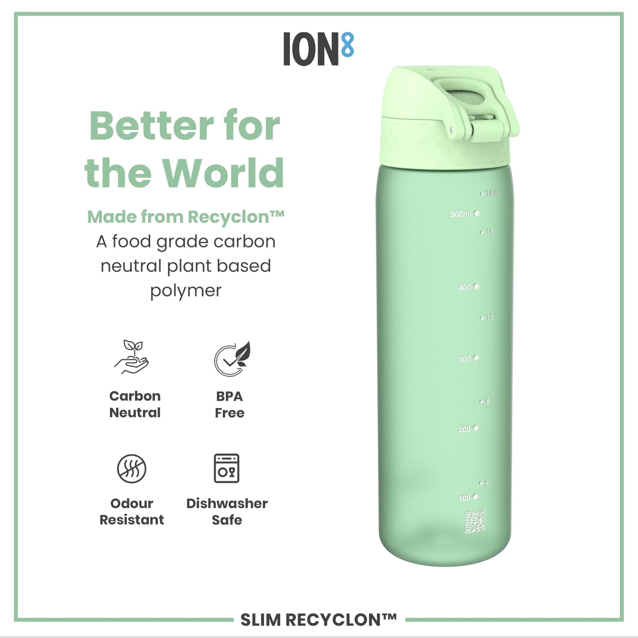 Recyclon leak-proof slim water bottle by ION8 in surf green, 500ml (18oz), with a sleek design and secure lid.