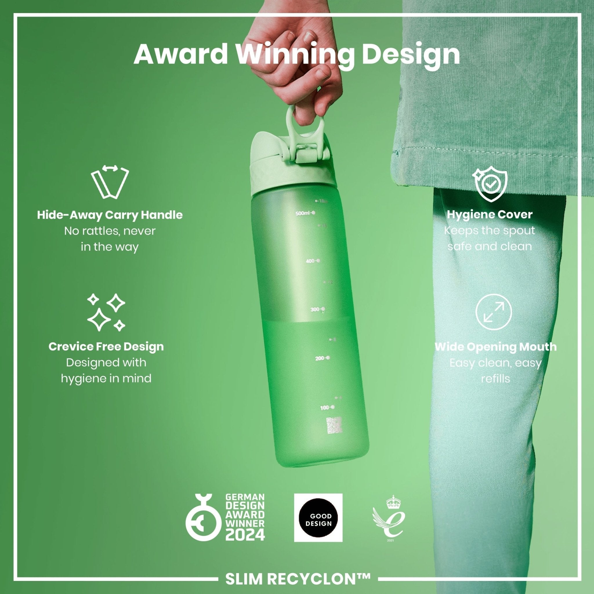 Recyclon Leak Proof Slim Water Bottle by ION8 in surf green, 500ml (18oz), showing the sleek, eco-friendly design.