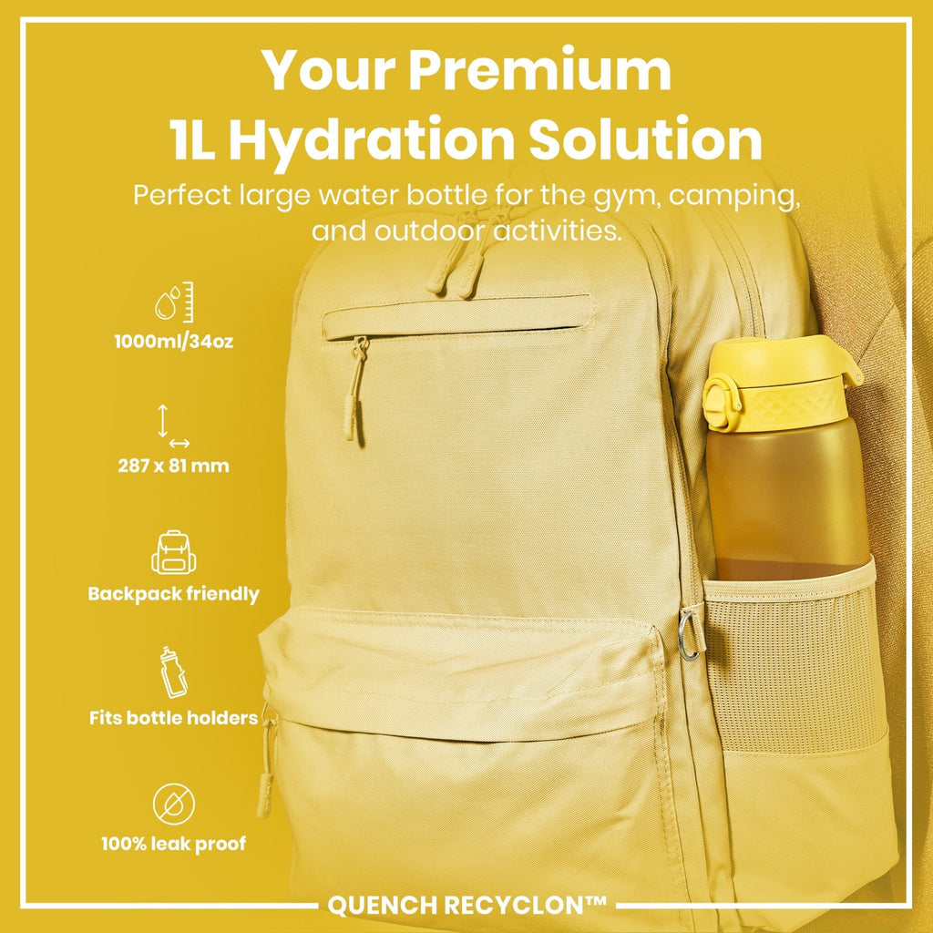 Yellow 1L Recyclon water bottle by ION8, leak-proof design, durable plastic, with a secure cap and ergonomic shape.