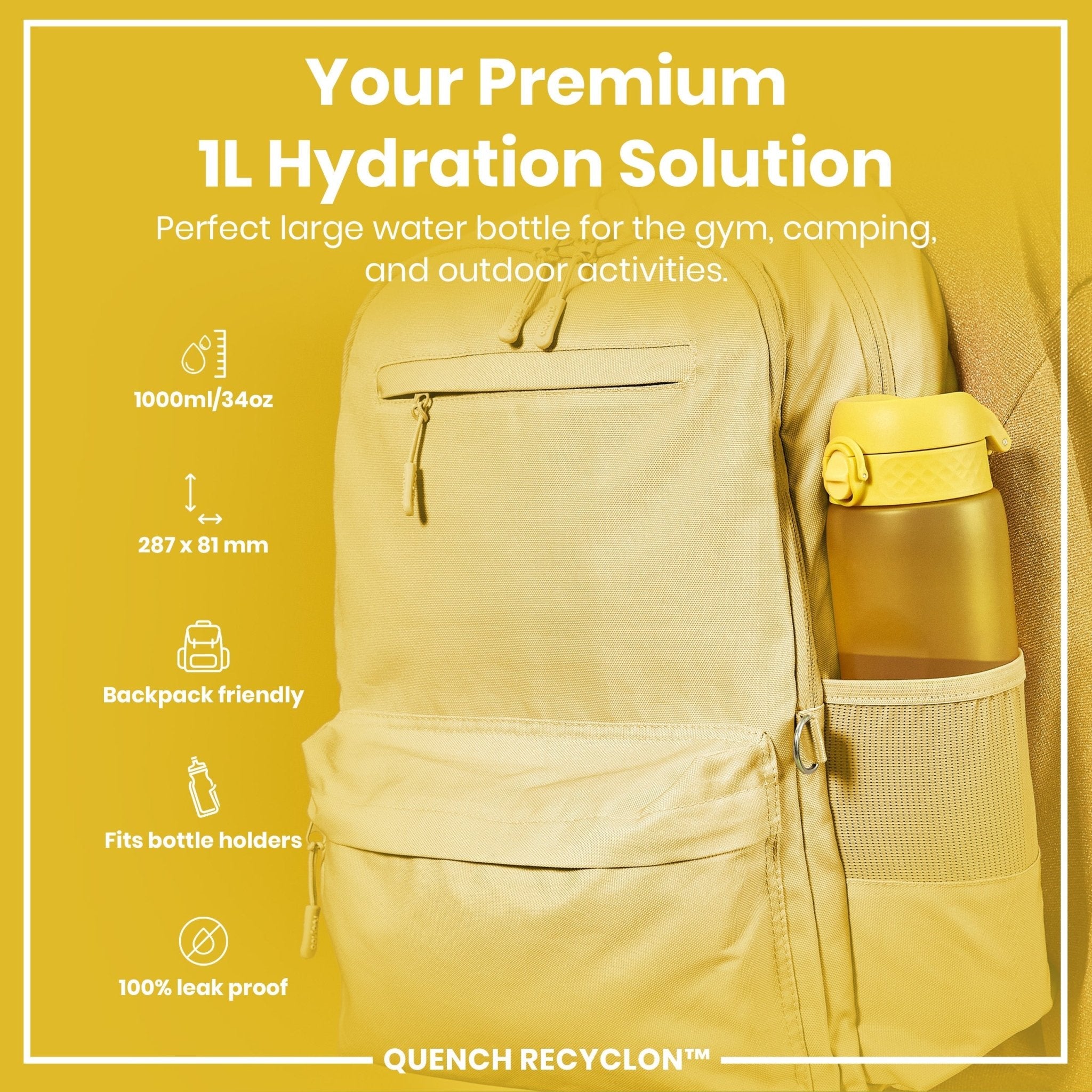 Yellow 1L Recyclon water bottle by ION8, leak-proof design, durable plastic, with a secure cap and ergonomic shape.