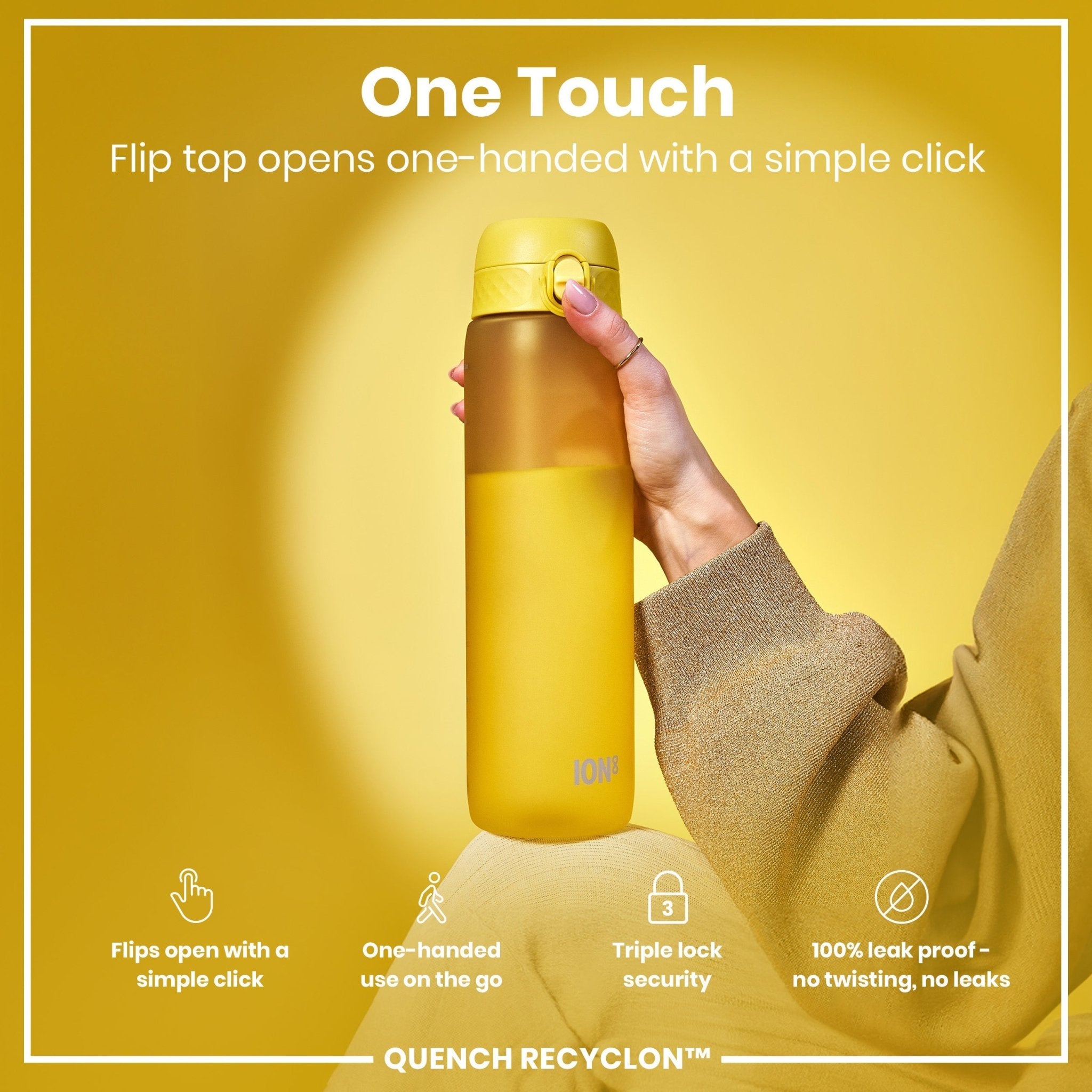 Yellow ION8 Recyclon 1L leak-proof water bottle with secure lid, made of recyclable materials, designed for hydration on the go.