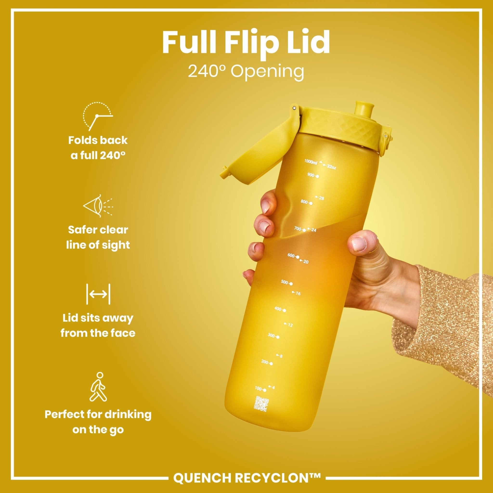 Yellow ION8 Recyclon leak-proof 1-liter water bottle with secure lid, designed for durability and eco-friendly hydration.
