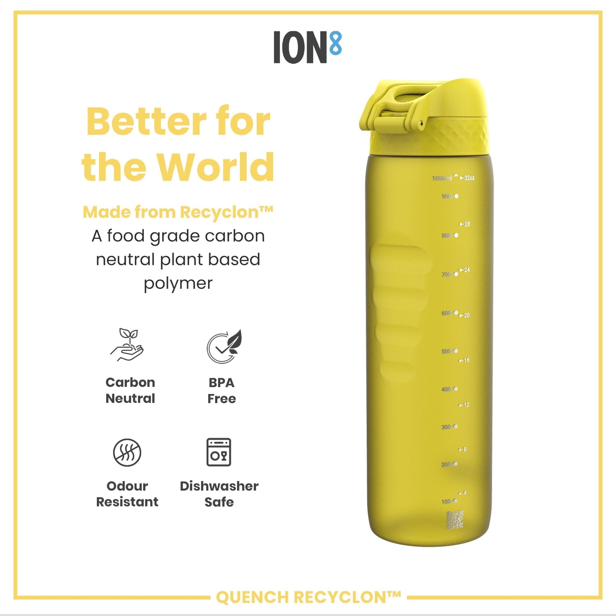 Yellow ION8 Recyclon leak-proof 1-liter water bottle with a secure lid, designed for eco-friendly hydration.