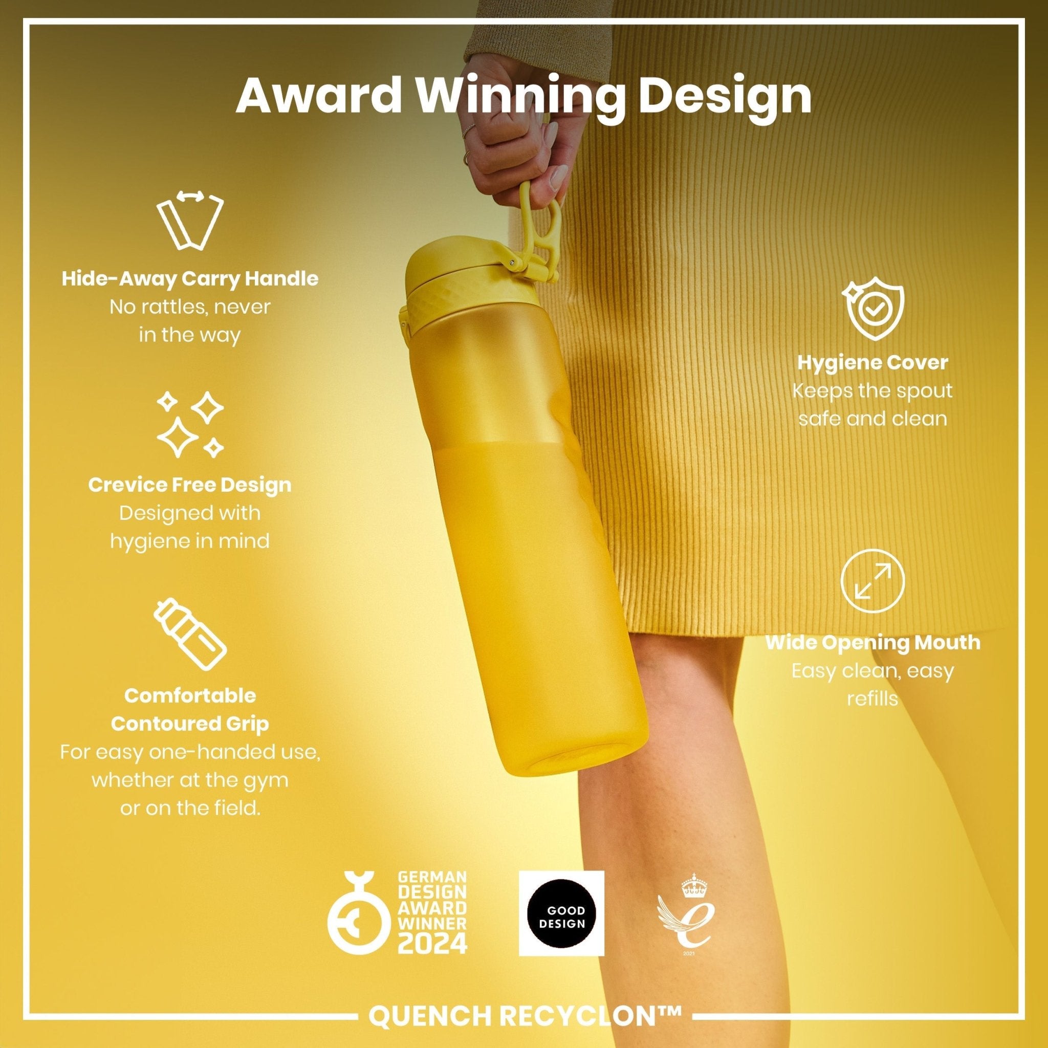 Yellow ION8 Recyclon 1-liter leak-proof water bottle with a secure lid, designed for durable, eco-friendly hydration.