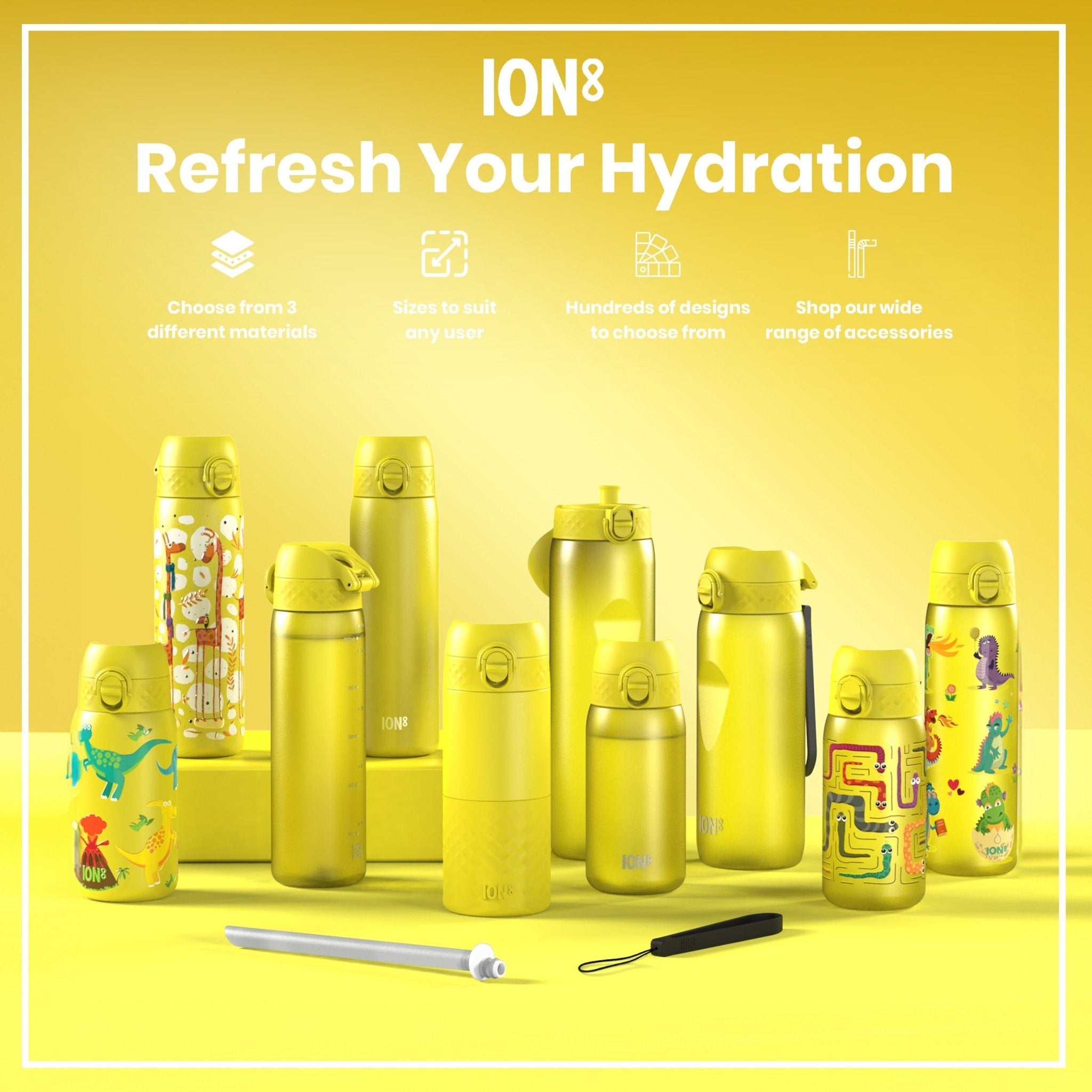 Yellow ION8 Recyclon 1-liter leak-proof water bottle made of recyclable material, shown with a secure screw cap.