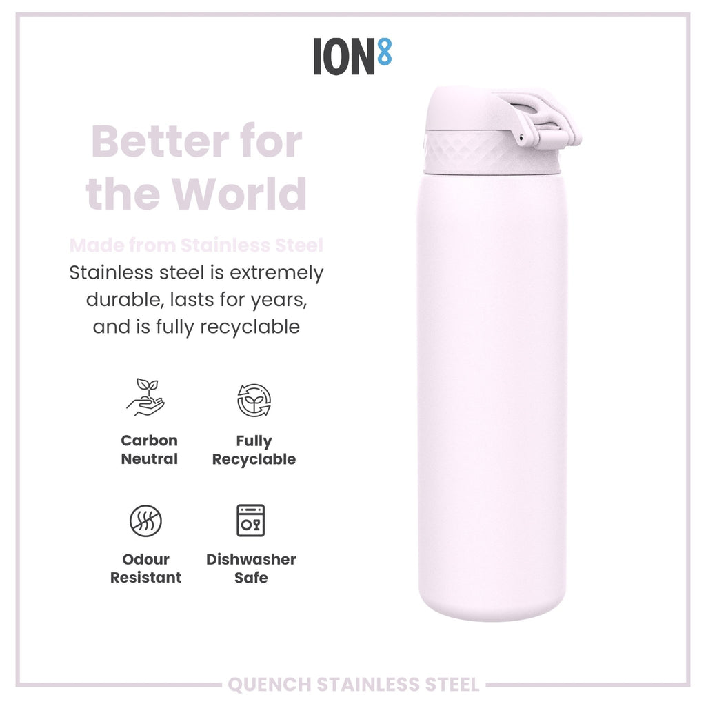 Ion8 leak-proof 1L stainless steel water bottle in lilac dusk, durable and portable for daily hydration.