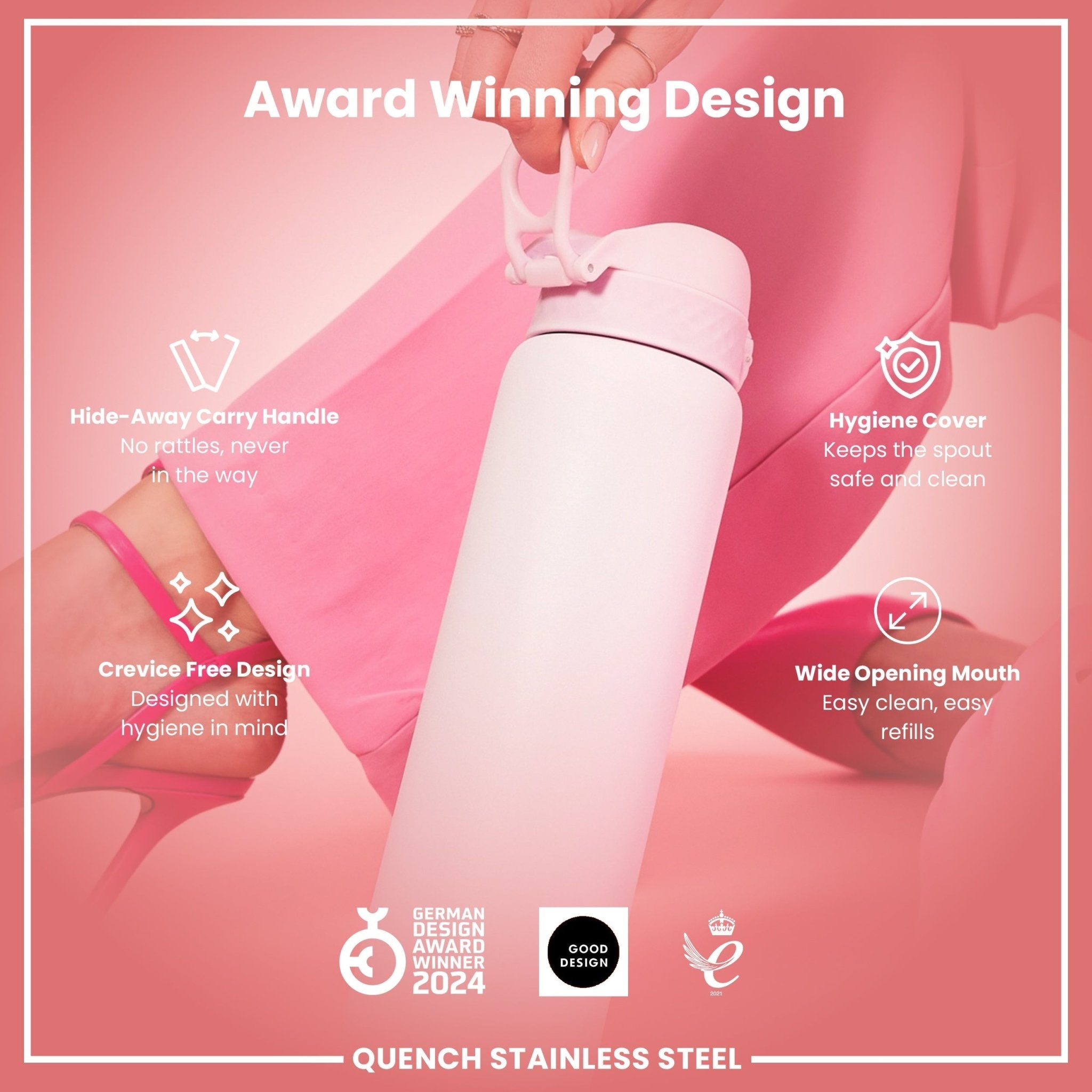 ION8 1-liter stainless steel water bottle in Lilac Dusk with leak-proof design and sleek, durable construction.