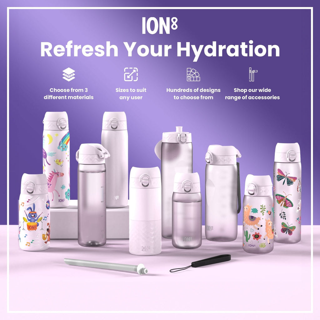 Leak-proof stainless steel water bottle by ION8, 1 liter capacity in lilac dusk color, durable and ideal for hydration on the go.