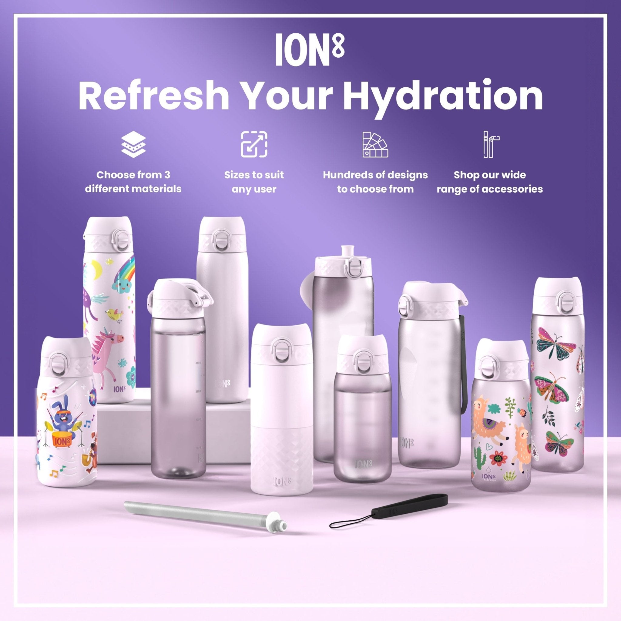 Leak-proof stainless steel water bottle by ION8, 1 liter capacity in lilac dusk color, durable and ideal for hydration on the go.