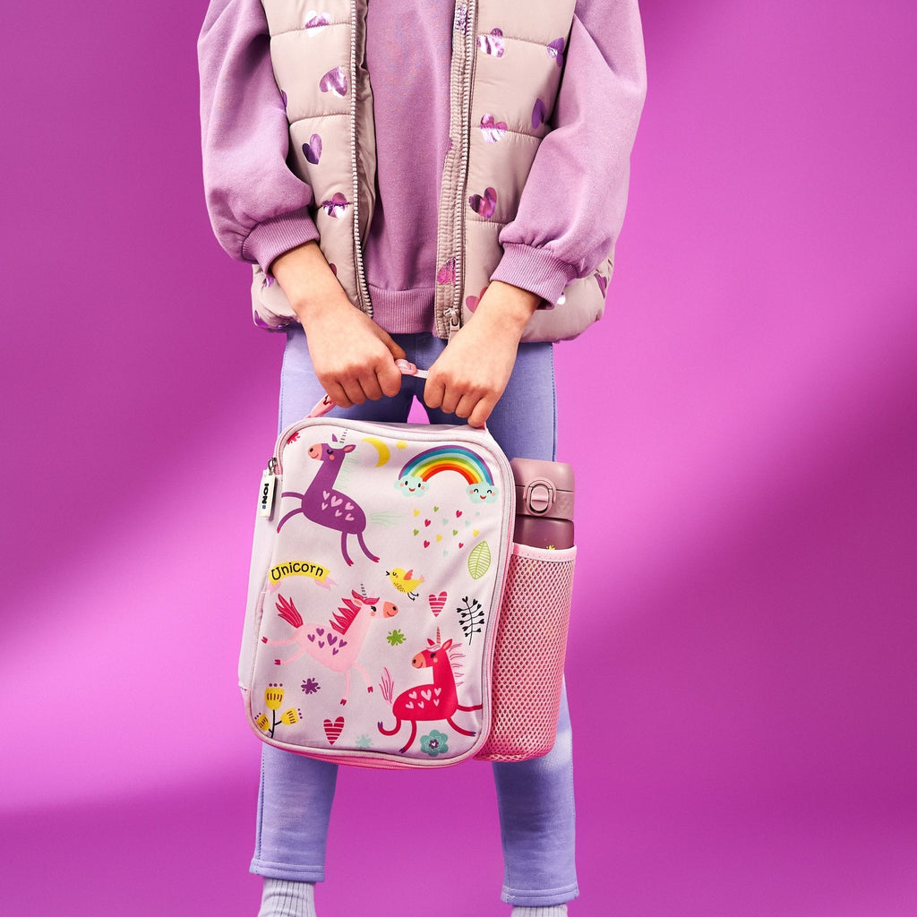 Insulated kids lunch bag with unicorn design by ION8, medium size, featuring colorful unicorns on a pastel background.