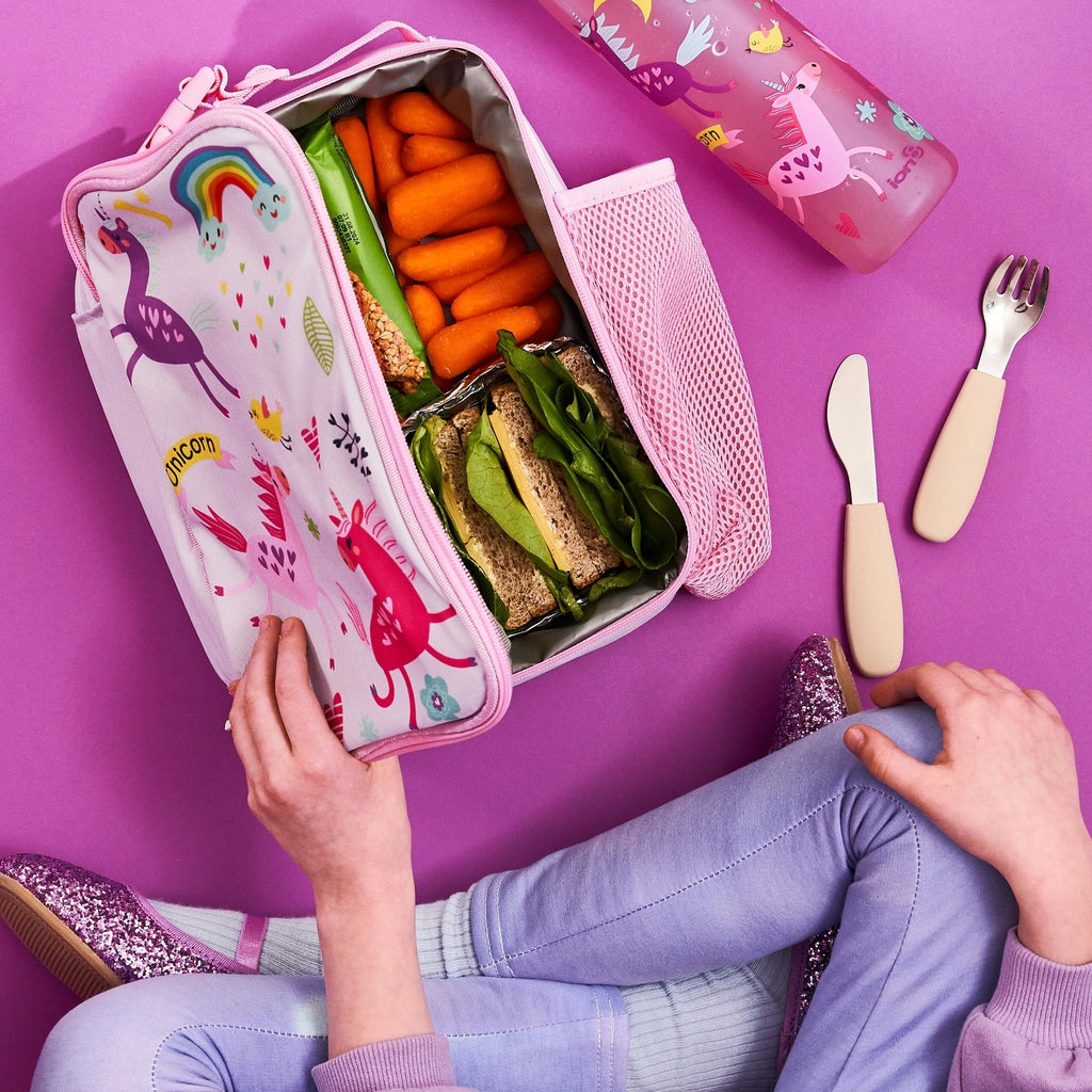 Kids insulated lunch bag featuring a colorful unicorn design by ION8, medium size, perfect for school or outings.