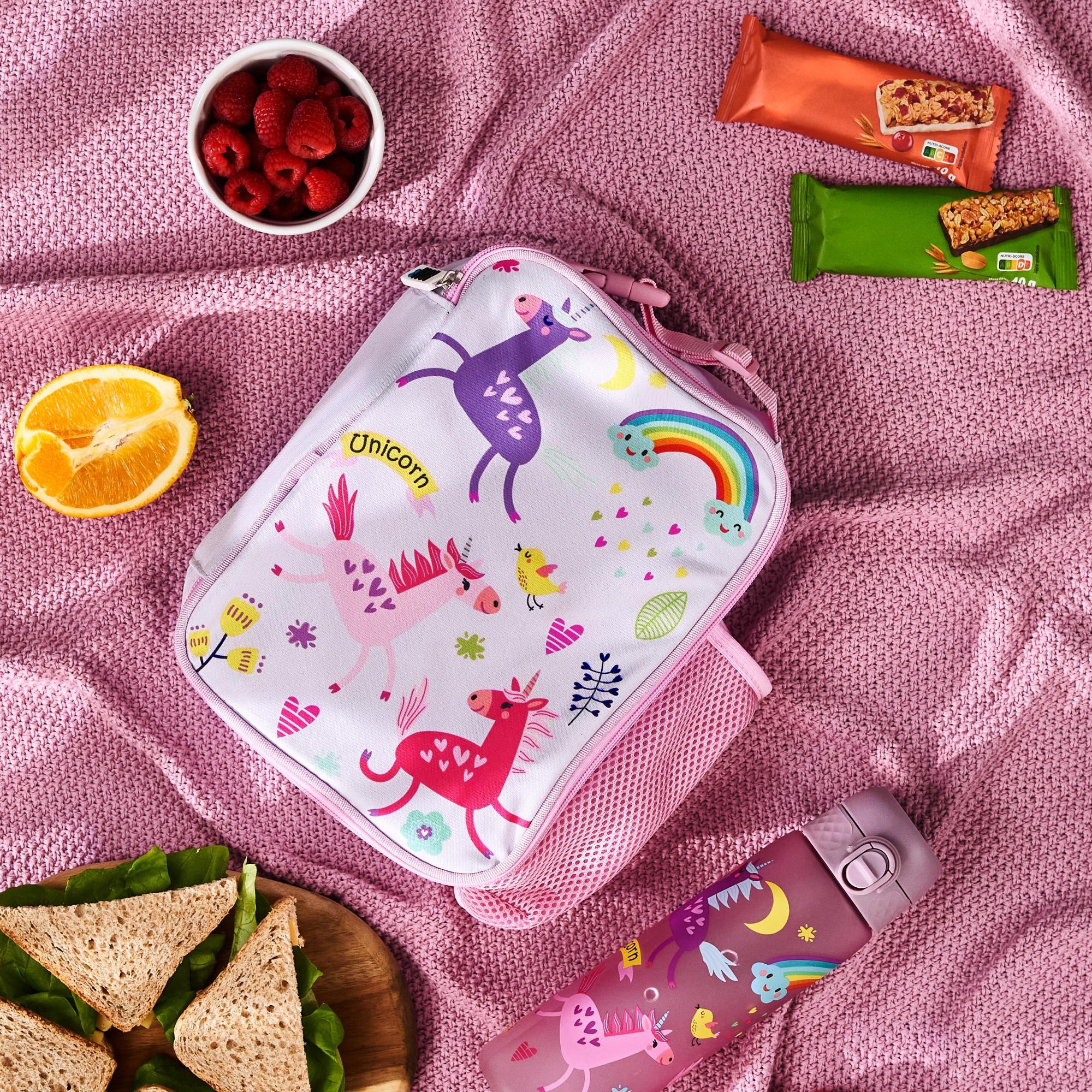 Insulated kids lunch bag with unicorn design from ION8, featuring a medium size perfect for school or outings.