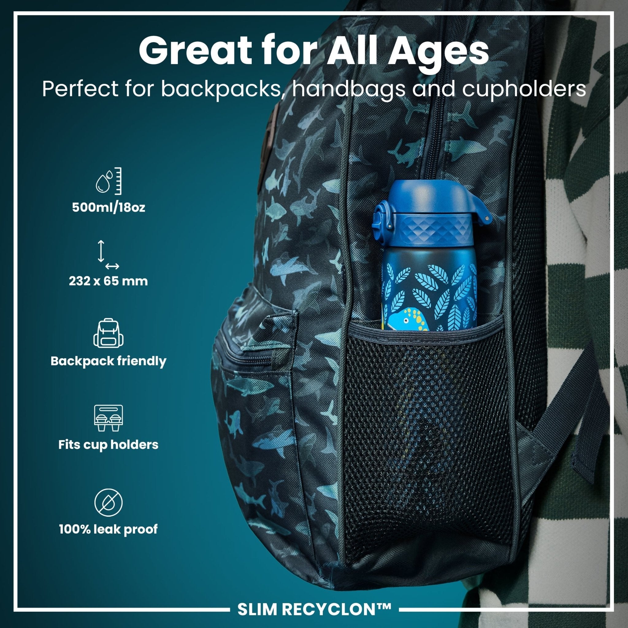 Recyclon Leak Proof Slim Water Bottle by ION8 with dinosaur design, 500ml (18oz) reusable water bottle in a sleek, portable style.