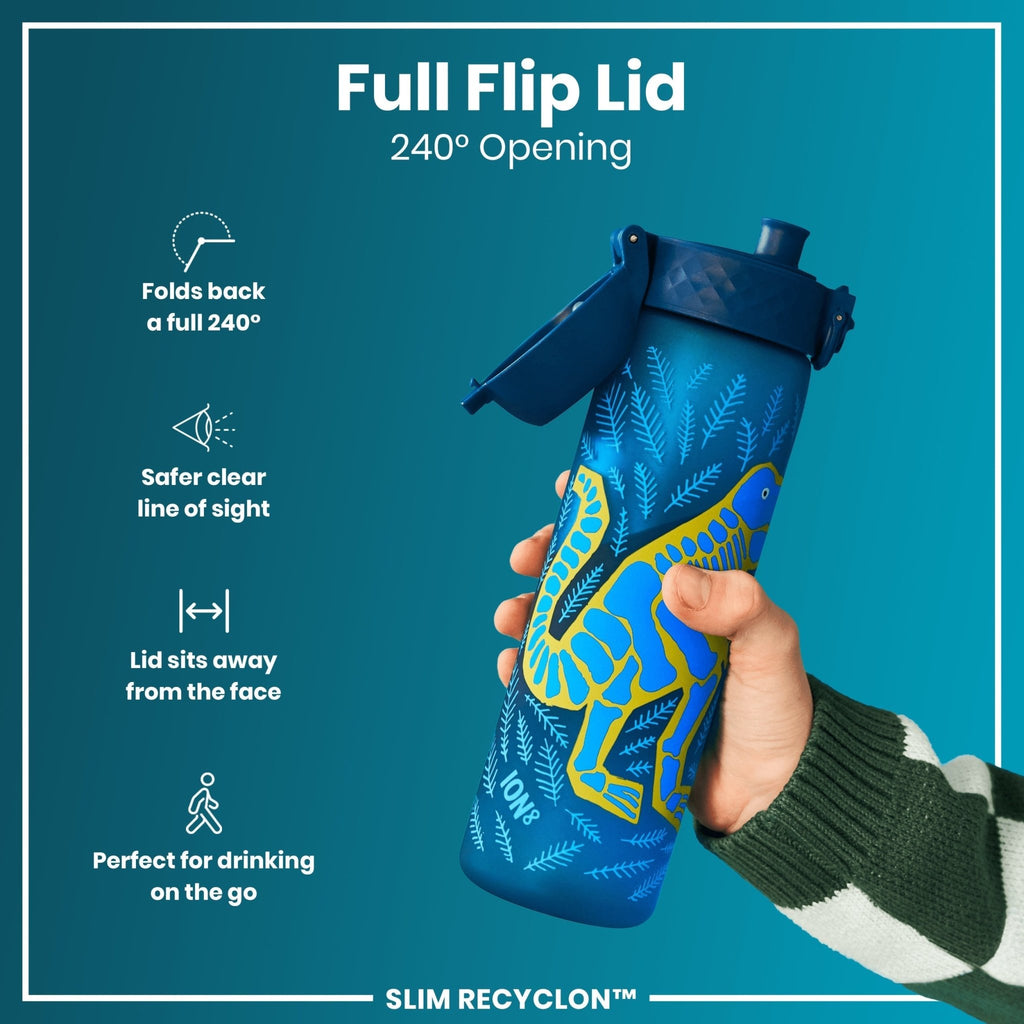 Recyclon leak-proof slim water bottle by ION8 with colorful dinosaur design, 500ml capacity, made for durable hydration.
