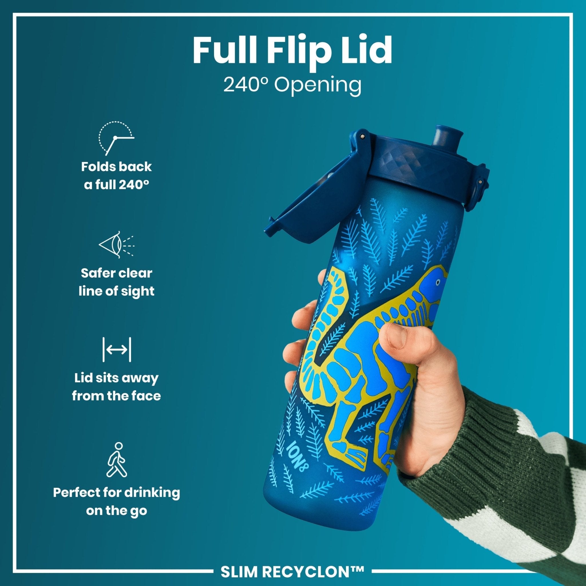 Recyclon leak-proof slim water bottle by ION8 with colorful dinosaur design, 500ml capacity, made for durable hydration.