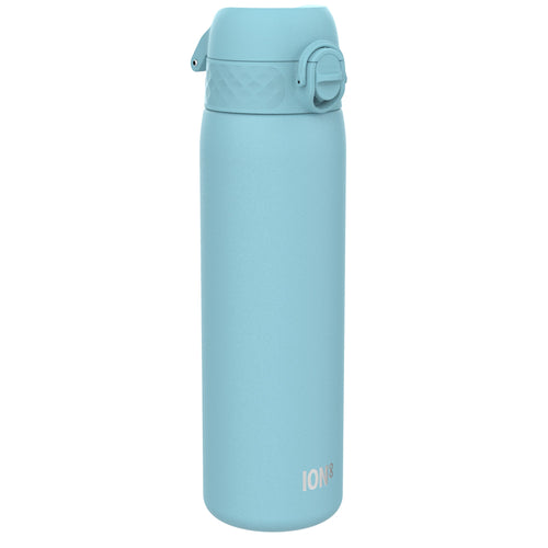 Ion8 stainless steel water bottle in Alaskan Blue, 600ml leak-proof slim design, ideal for staying hydrated on the go.