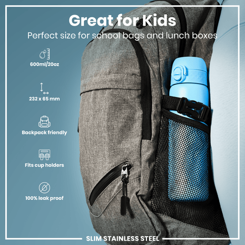 Ion8 leak-proof slim stainless steel water bottle in Alaskan Blue, 600ml (20oz) with a sleek design and secure cap.