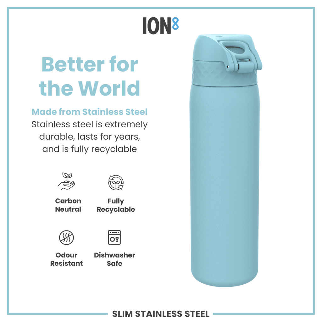 Ion8 stainless steel water bottle in Alaskan Blue, 600ml, leak-proof slim design perfect for on-the-go hydration