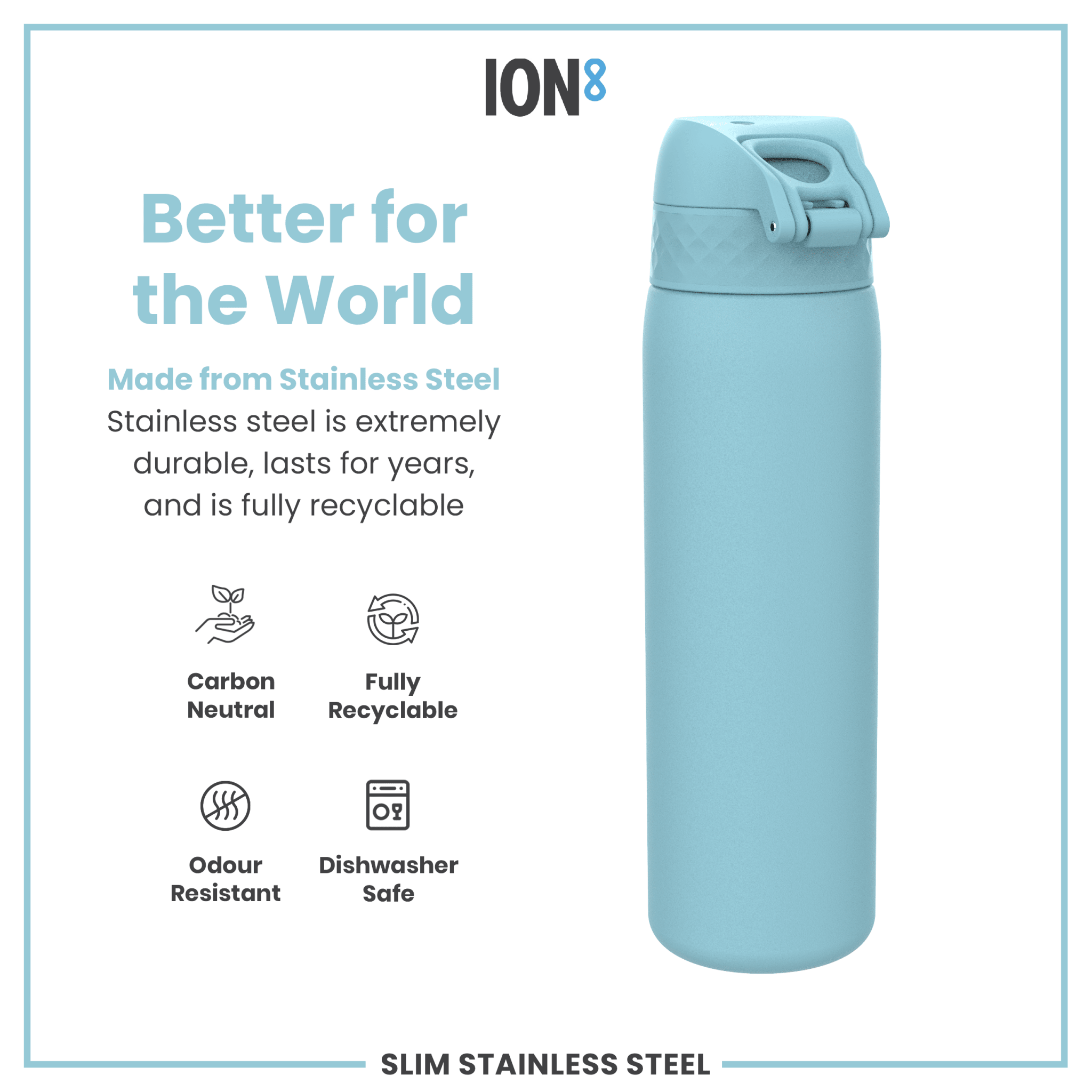 Ion8 stainless steel water bottle in Alaskan Blue, 600ml, leak-proof slim design perfect for on-the-go hydration