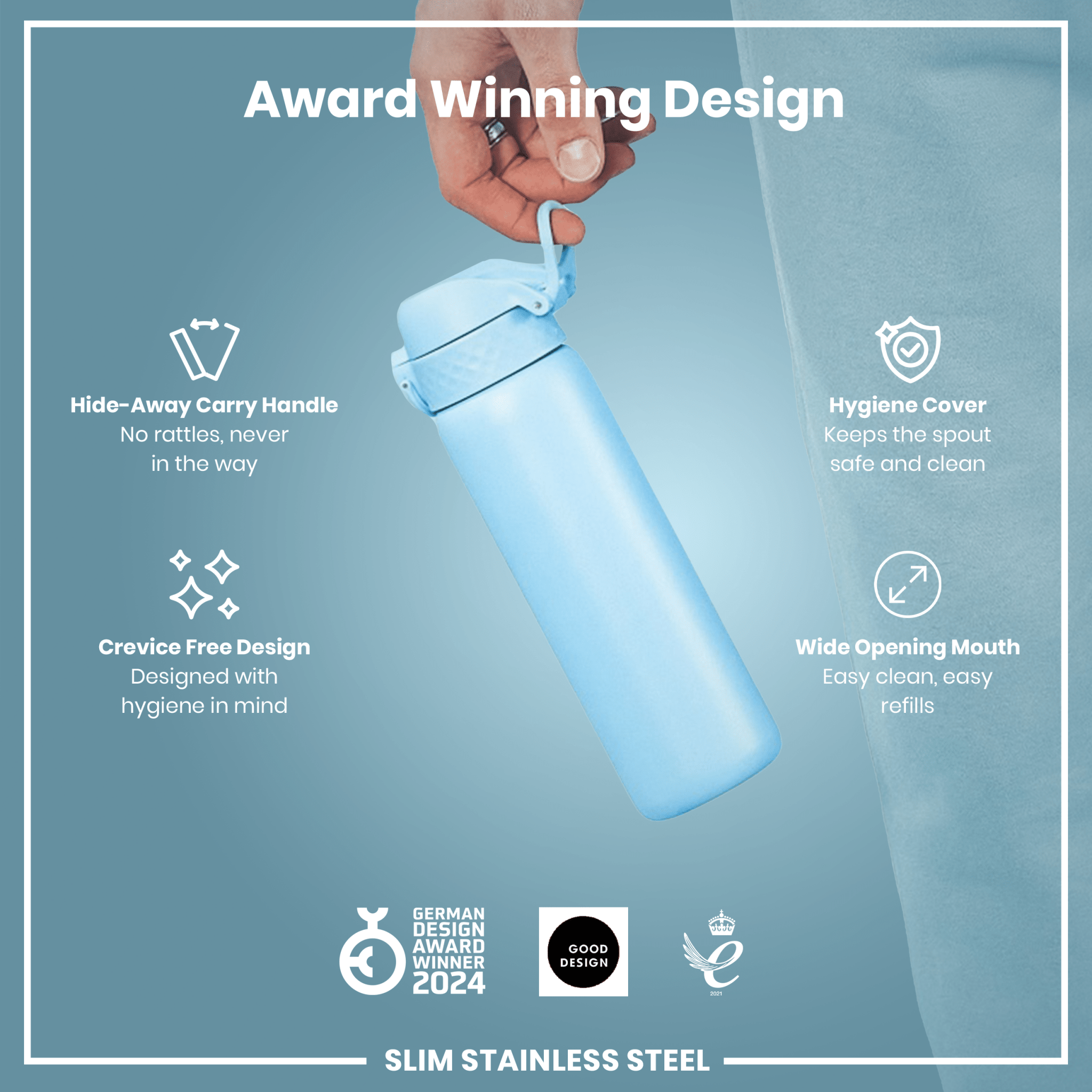 Ion8 stainless steel leak-proof slim water bottle in Alaskan Blue, 600ml (20oz), with a sleek design and secure lid.