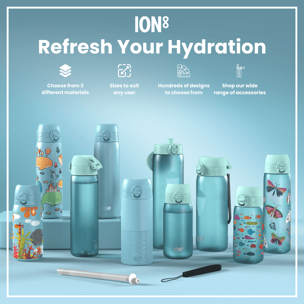 Ion8 leak-proof slim stainless steel water bottle in Alaskan Blue, 600ml (20oz), with a sleek design and secure lid.