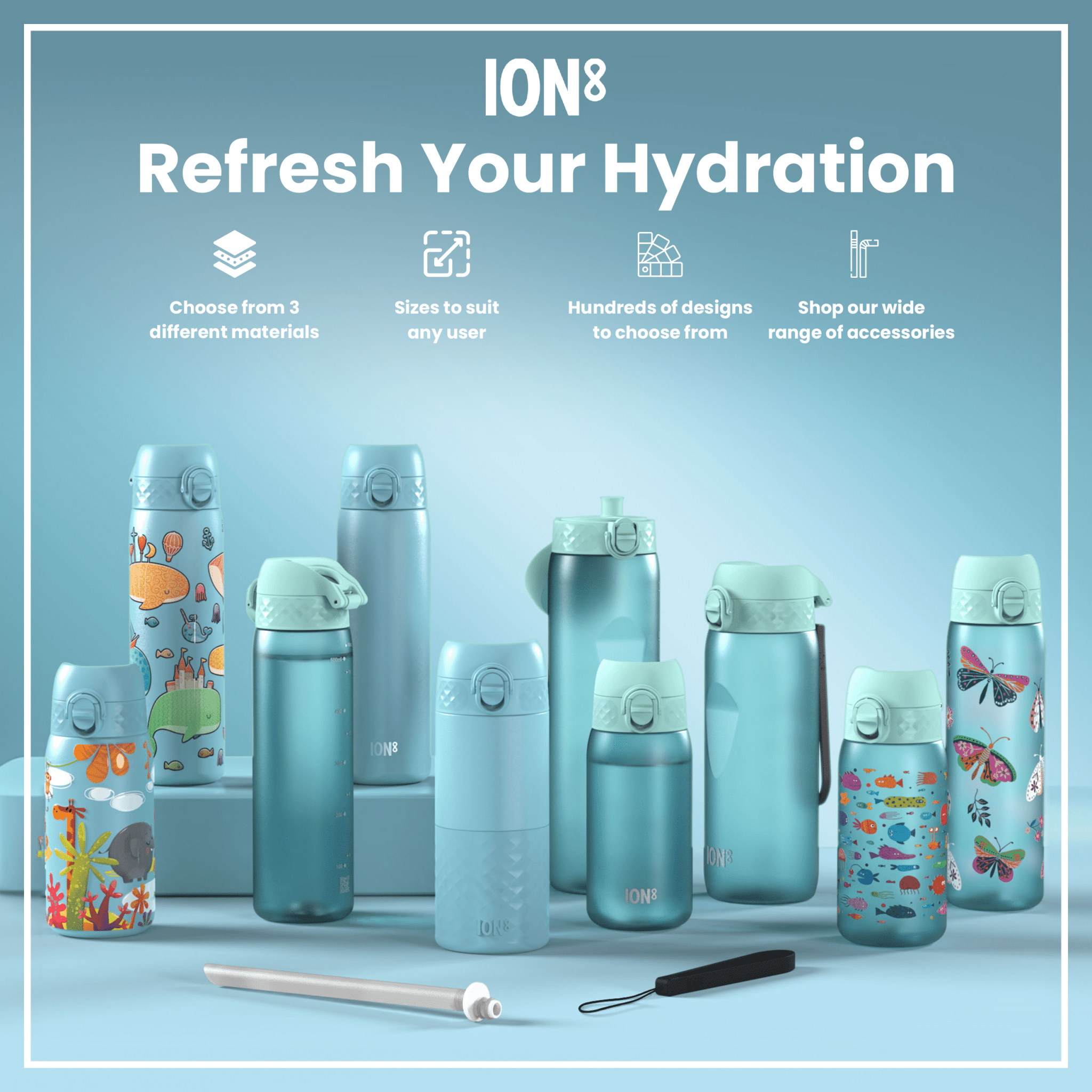 Ion8 leak-proof slim stainless steel water bottle in Alaskan Blue, 600ml (20oz), with a sleek design and secure lid.