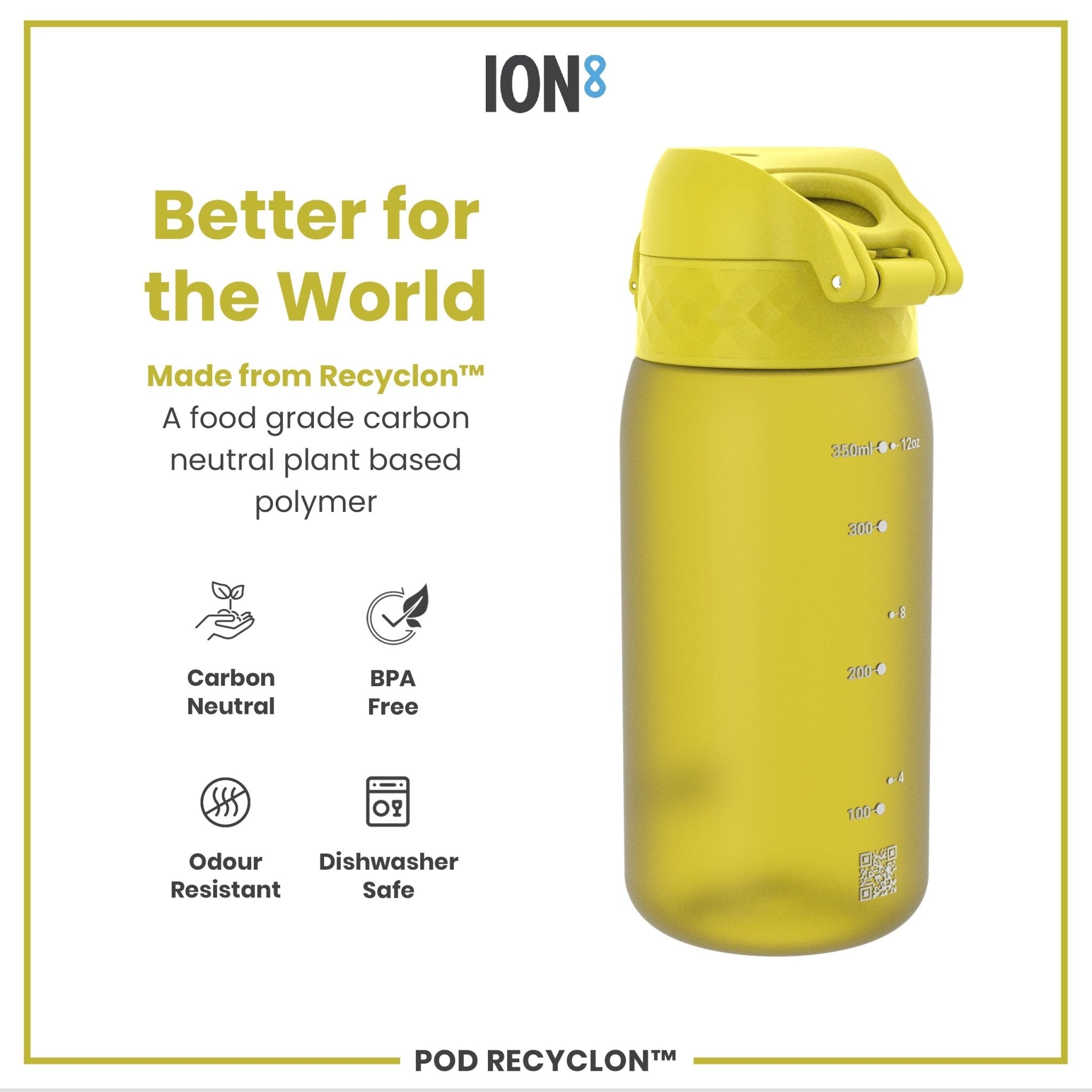 Yellow ION8 Recyclon leak-proof kids water bottle with 350ml capacity, showcasing the vibrant design and secure lid.