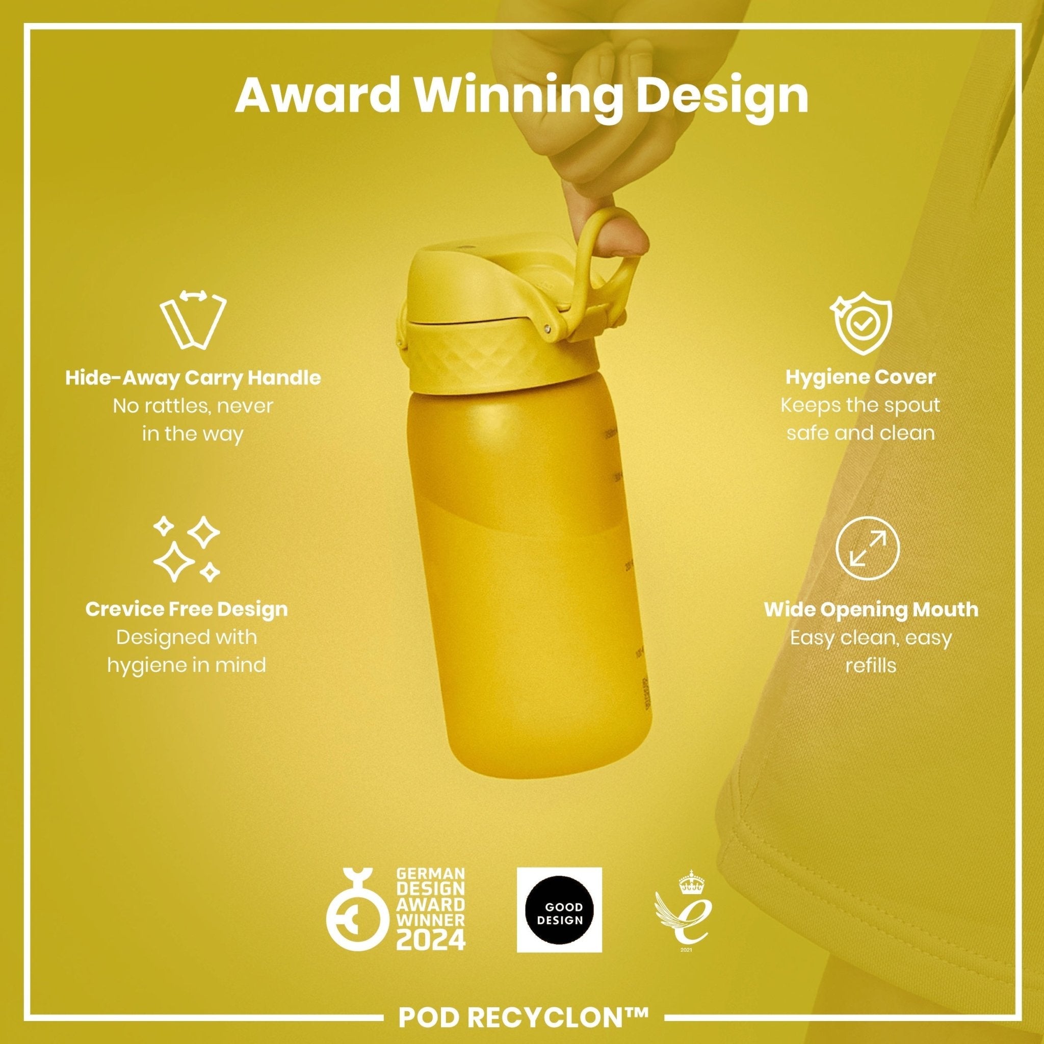 Ion8 Recyclon leak-proof kids water bottle in yellow, 350ml (12oz), durable and lightweight for children.
