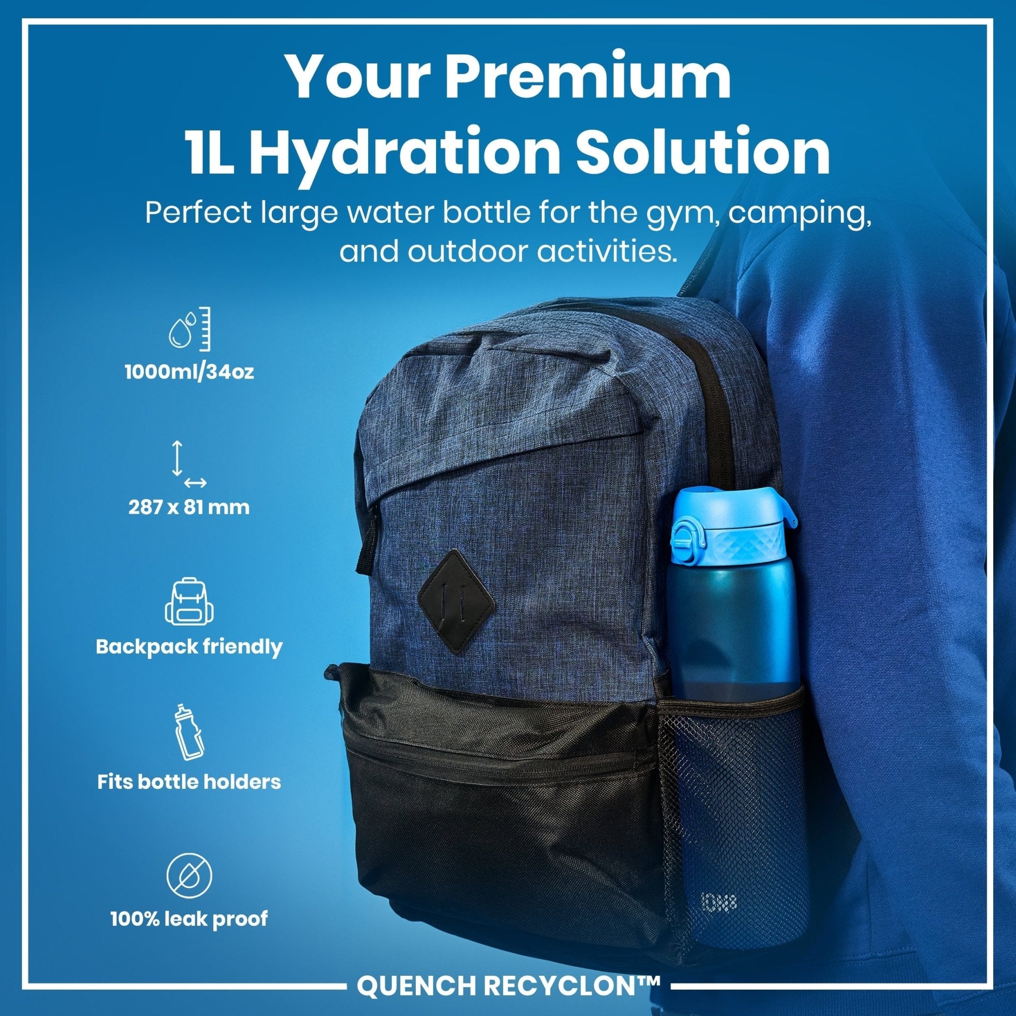 Blue ION8 Recyclon leak-proof 1-liter water bottle with secure cap, made of recyclable materials.