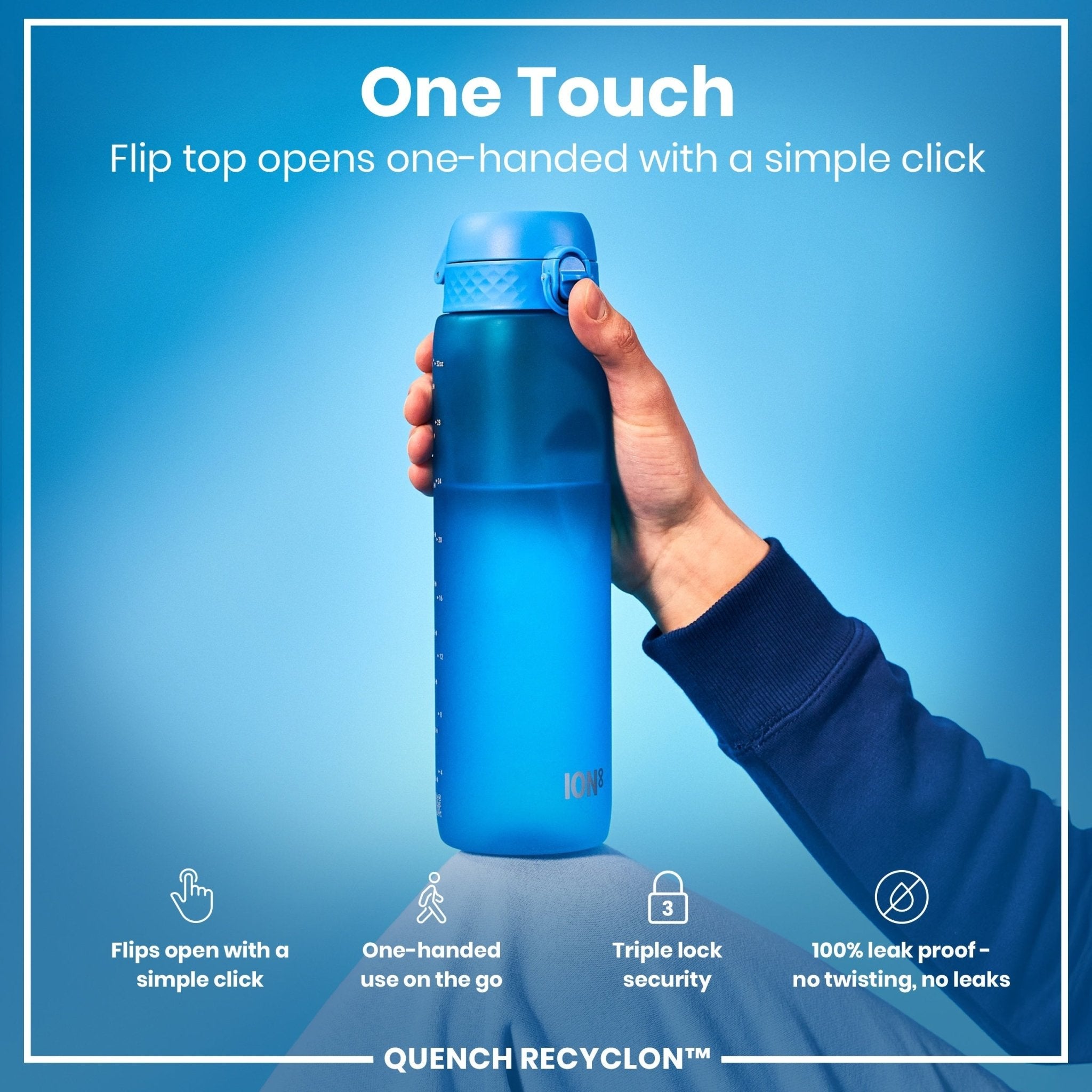 Blue ION8 Recyclon leak-proof 1-liter water bottle with secure cap, made from recyclable materials.