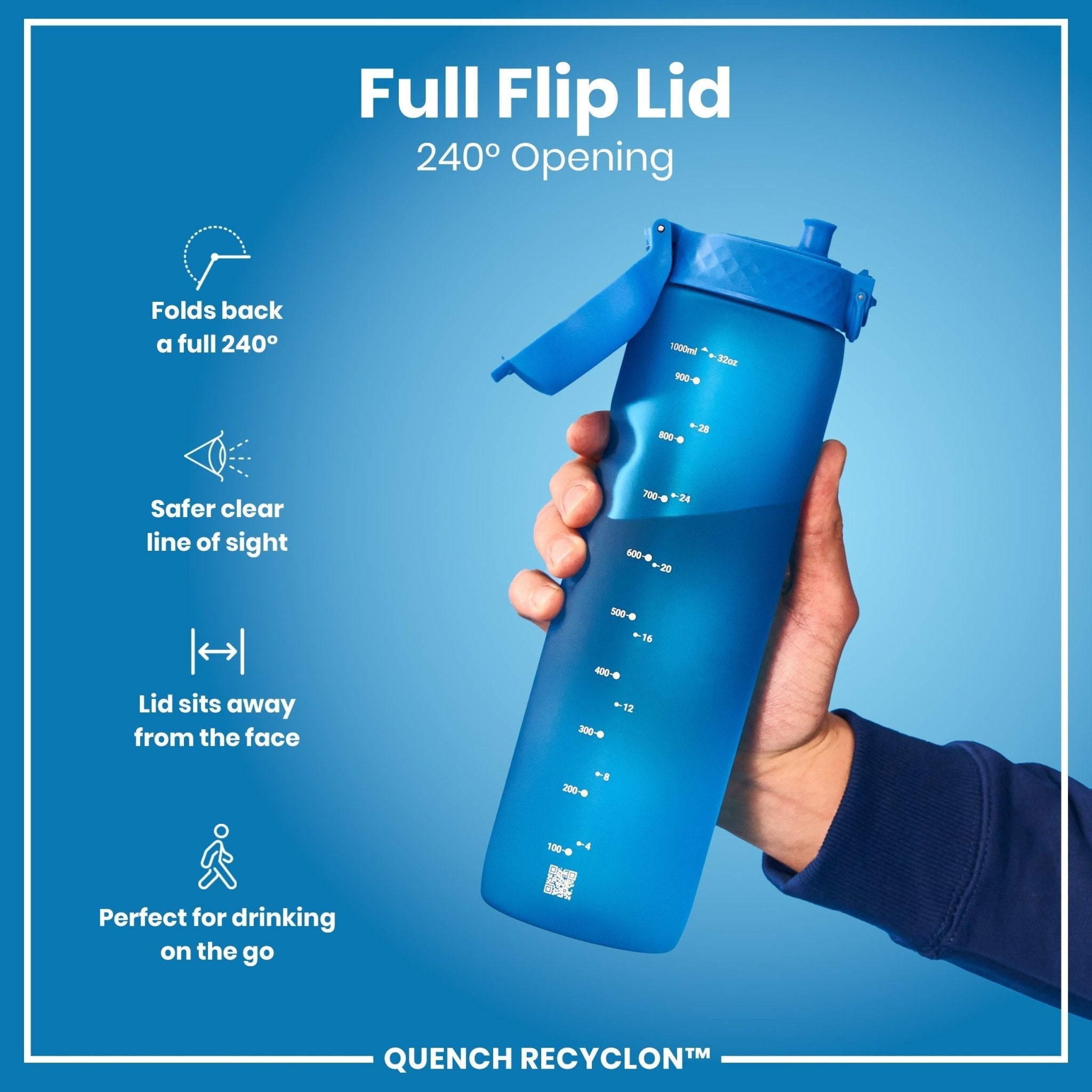 Blue Ion8 Recyclon leak-proof 1-liter water bottle, made of recyclable materials, designed for hydration on the go.