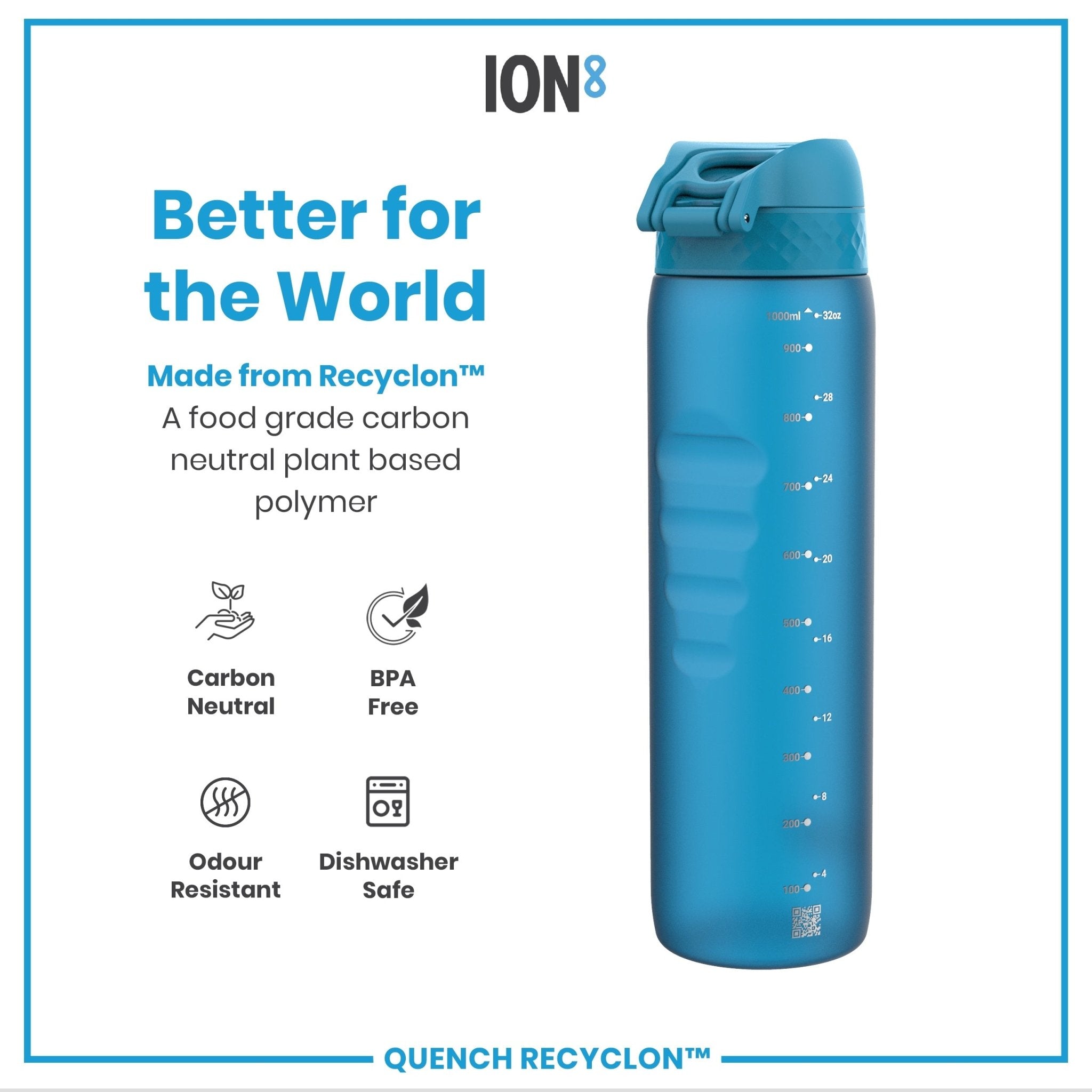 Blue ION8 Recyclon leak-proof 1-liter water bottle with secure lid, made from recyclable materials, ideal for hydration on the go