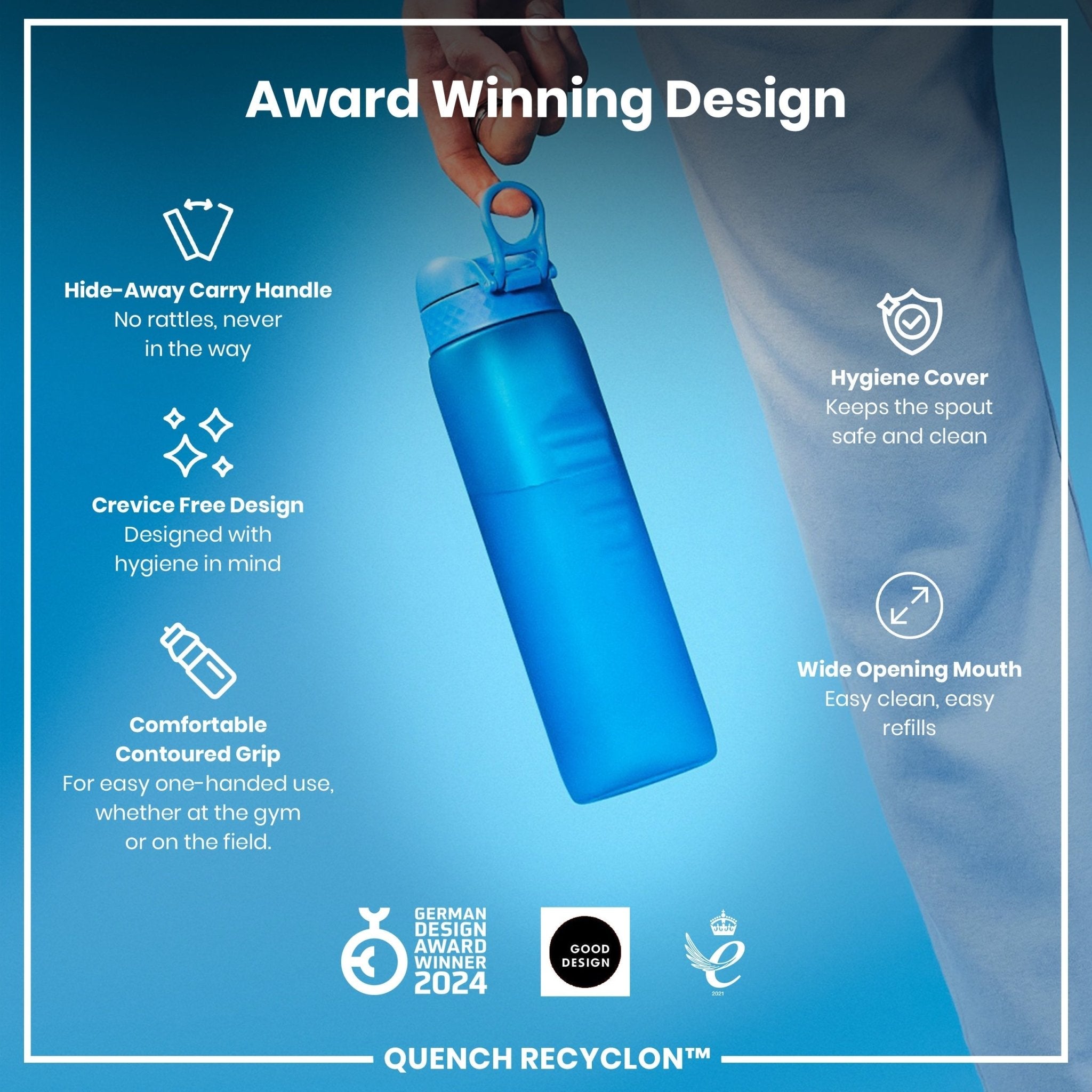 Blue Ion8 Recyclon 1-liter water bottle with leak-proof design, made from recyclable materials, ideal for hydration on the go.