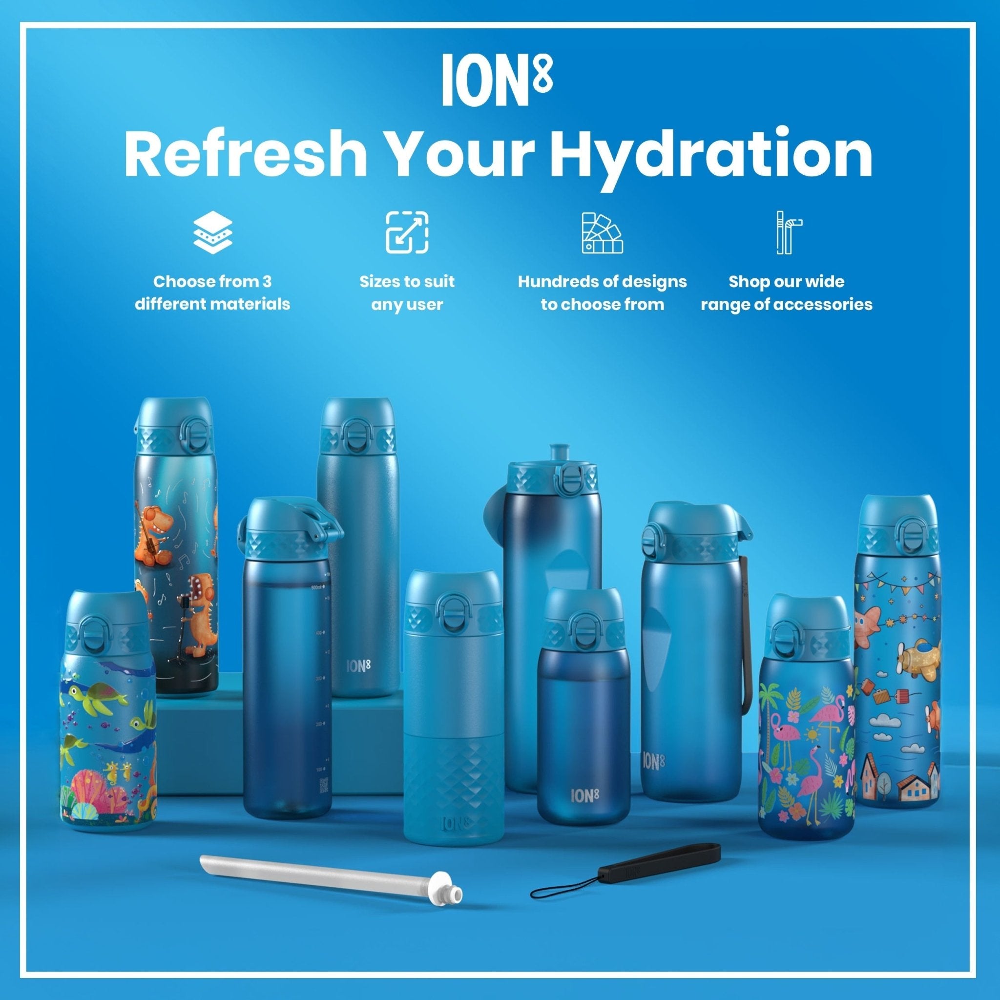 Blue ION8 Recyclon 1L leak-proof water bottle with secure lid, made from recyclable materials, designed for hydration on the go.