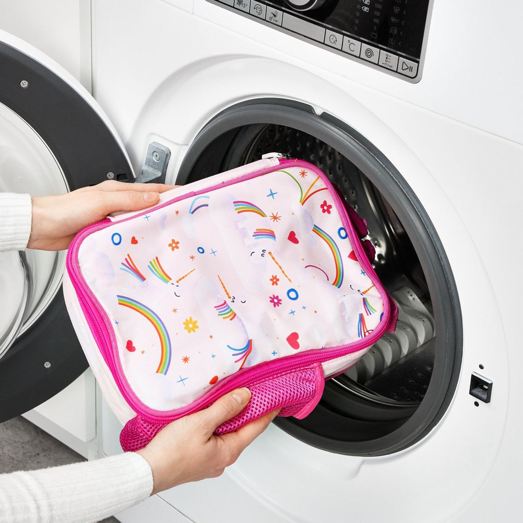 Insulated kids lunch bag by ION8 featuring colorful unicorn and rainbow design, medium size for school or outings.