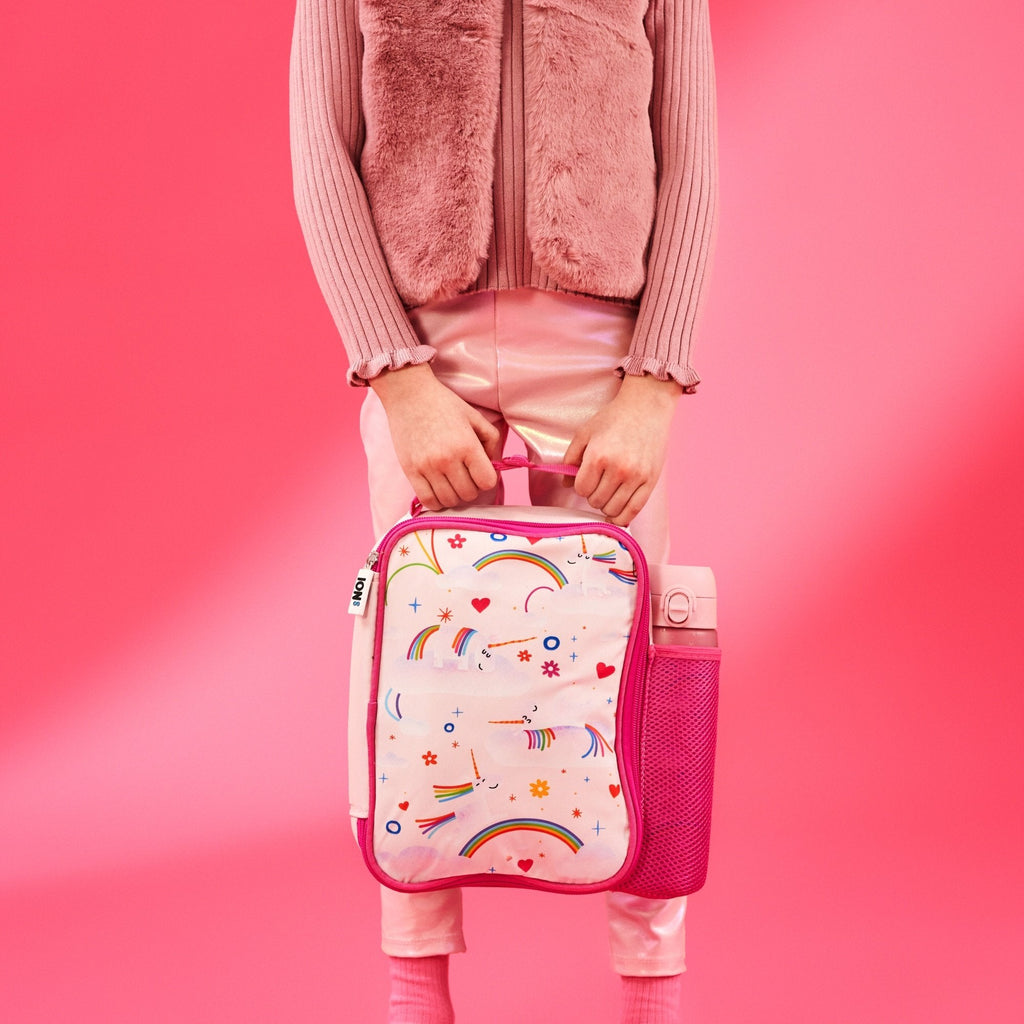 Insulated kids lunch bag with unicorn and rainbow design by ION8, medium size perfect for school or outings.