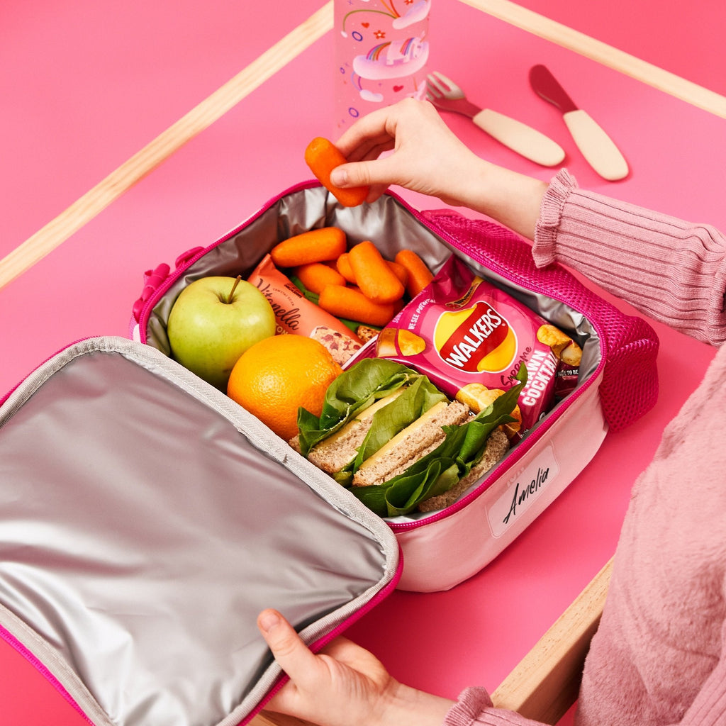 Insulated kids' lunch bag by ION8 featuring a colorful unicorn and rainbow design, medium size for school lunches.