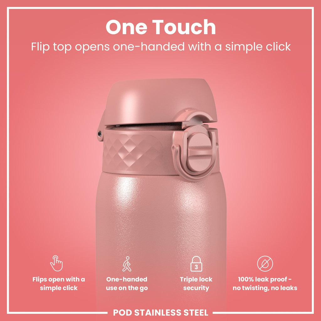 Ion8 leak-proof kids water bottle in stainless steel with ash rose color, 400ml capacity, featuring a secure lid and smooth finish.