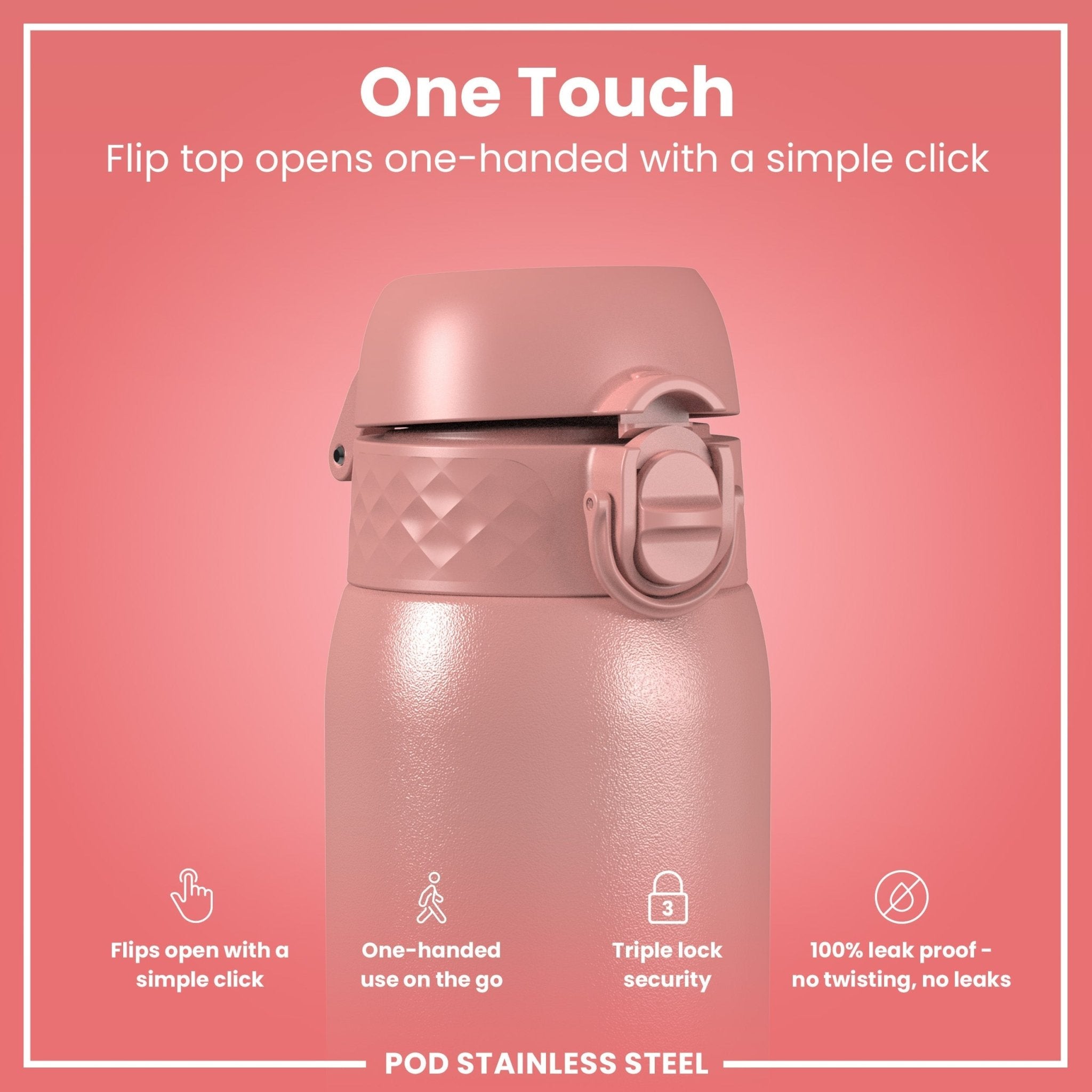 Ion8 leak-proof kids water bottle in stainless steel with ash rose color, 400ml capacity, featuring a secure lid and smooth finish.