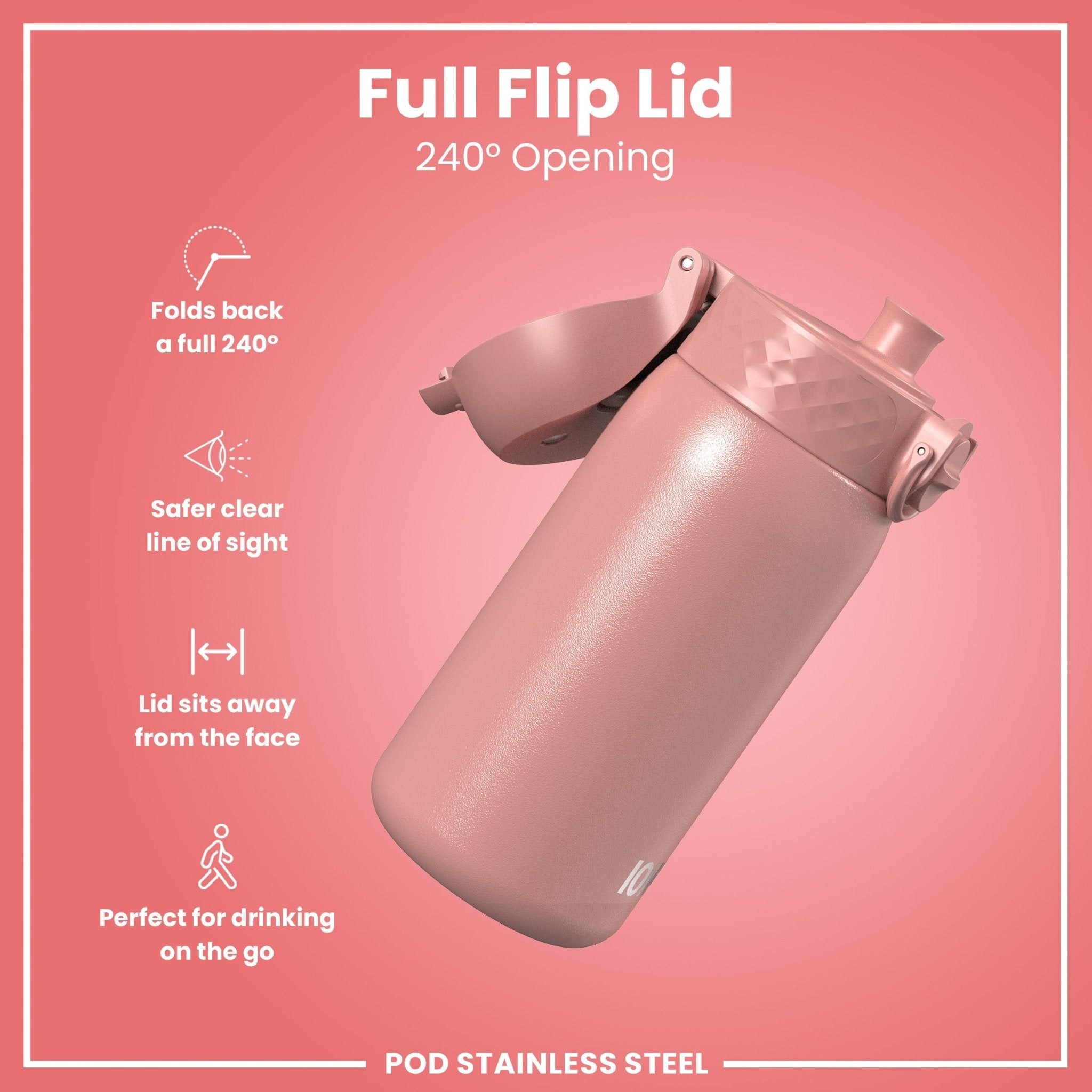 Ion8 leak-proof kids water bottle in stainless steel, 400ml Ash Rose, with a secure lid and colorful design for children.