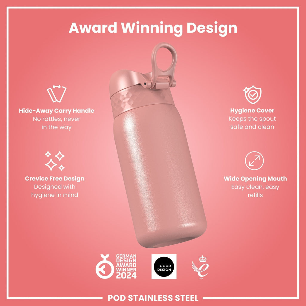 Ion8 leak-proof kids water bottle in ash rose, 400ml stainless steel design with secure lid and child-friendly size.