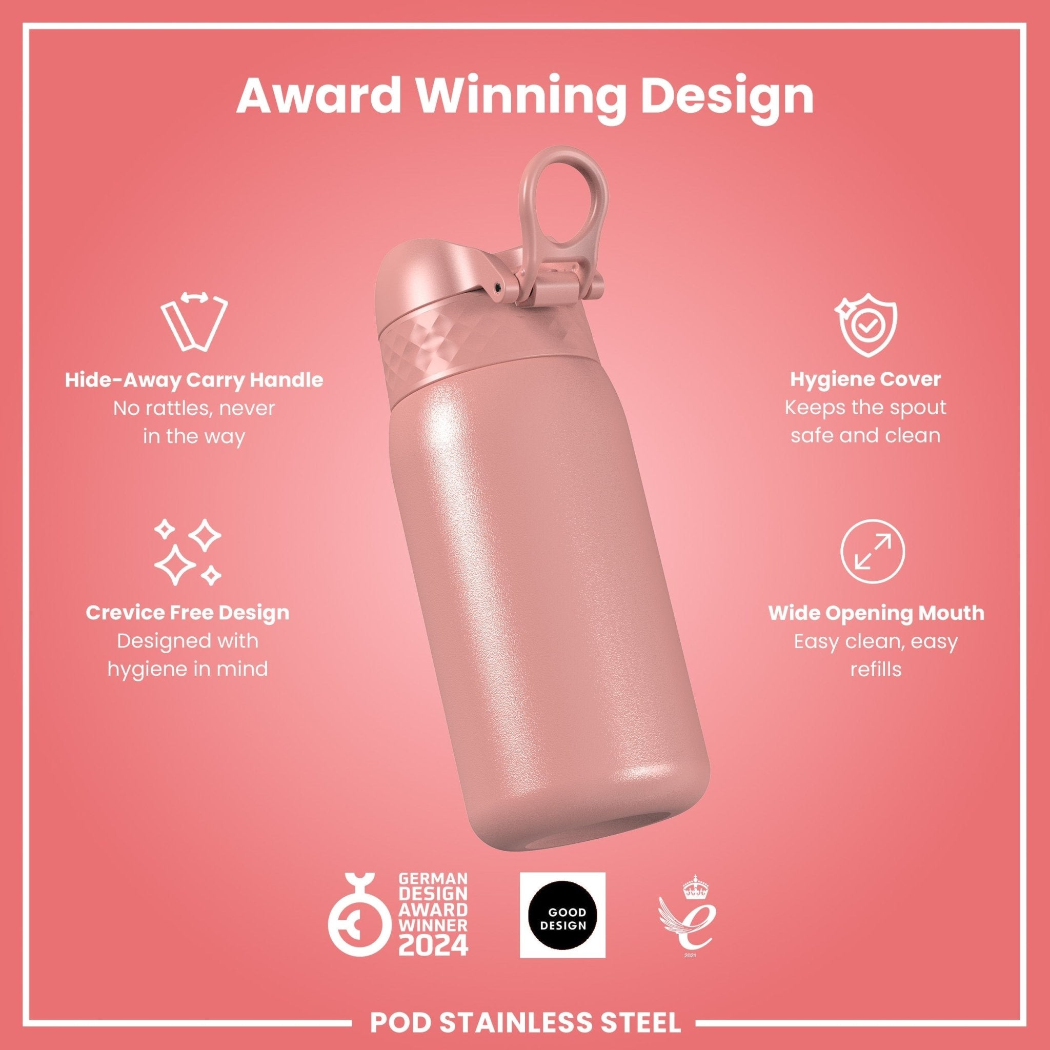 Ion8 leak-proof kids water bottle in ash rose, 400ml stainless steel design with secure lid and child-friendly size.