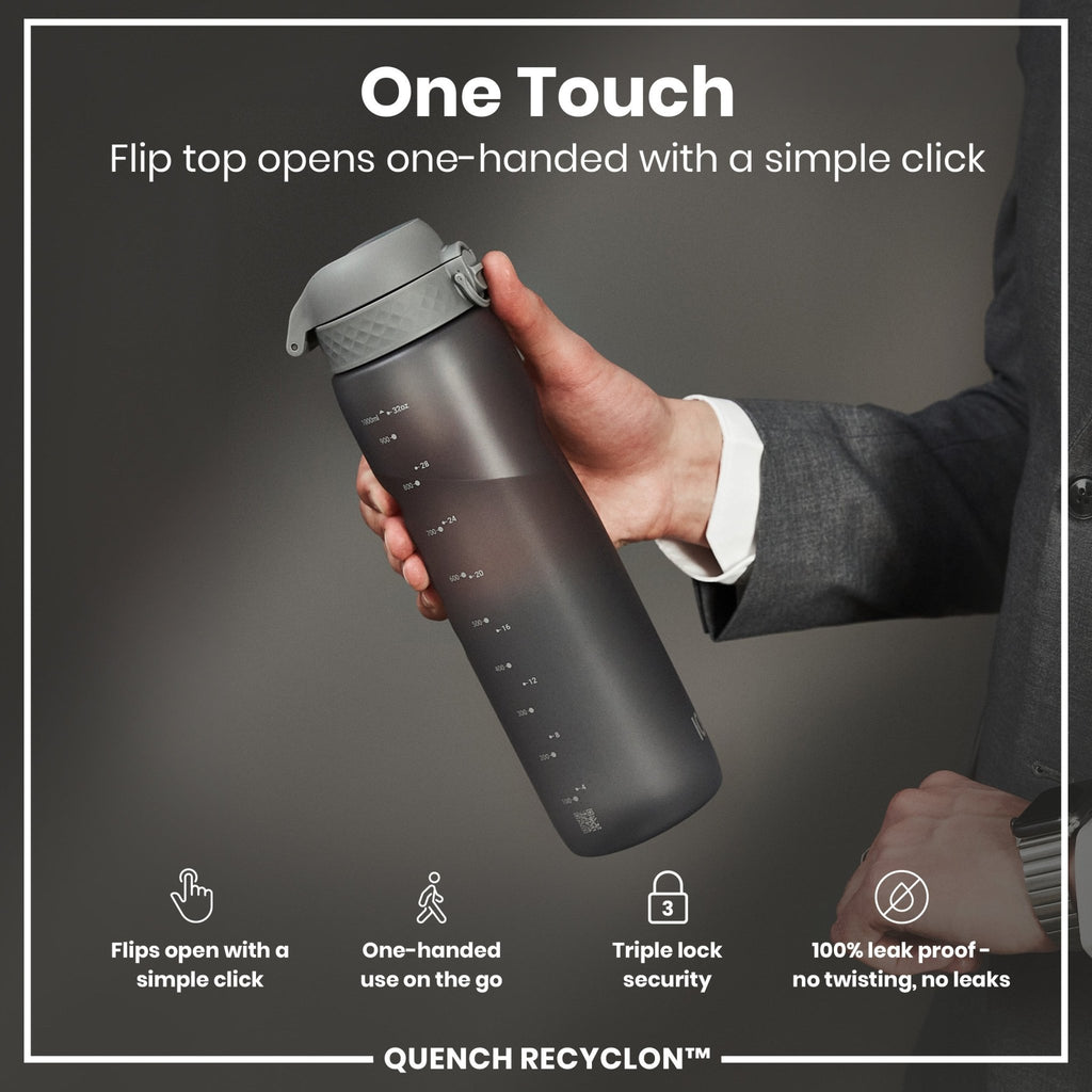 Grey ION8 Recyclon 1L leak-proof water bottle with secure cap, designed for durable, eco-friendly hydration.
