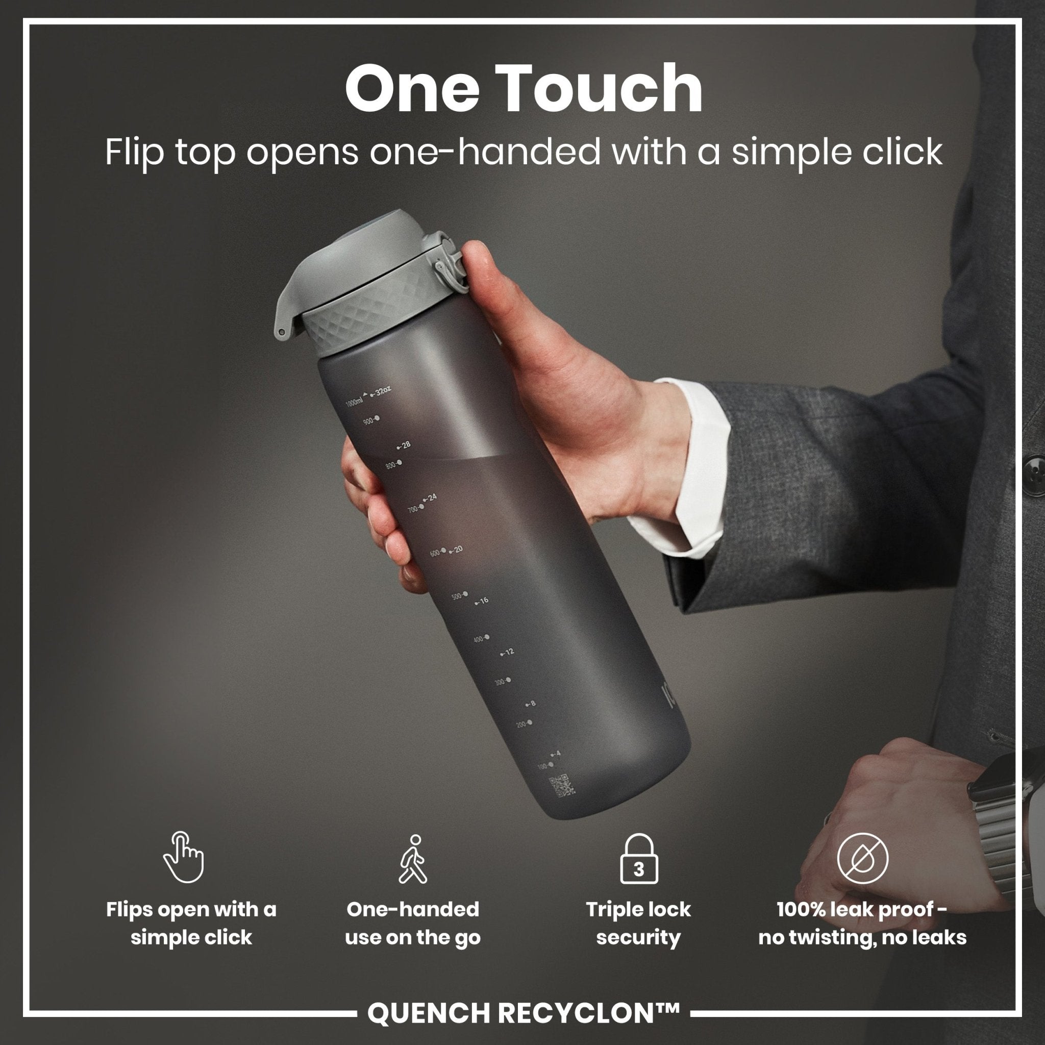 Grey ION8 Recyclon 1L leak-proof water bottle with secure cap, designed for durable, eco-friendly hydration.