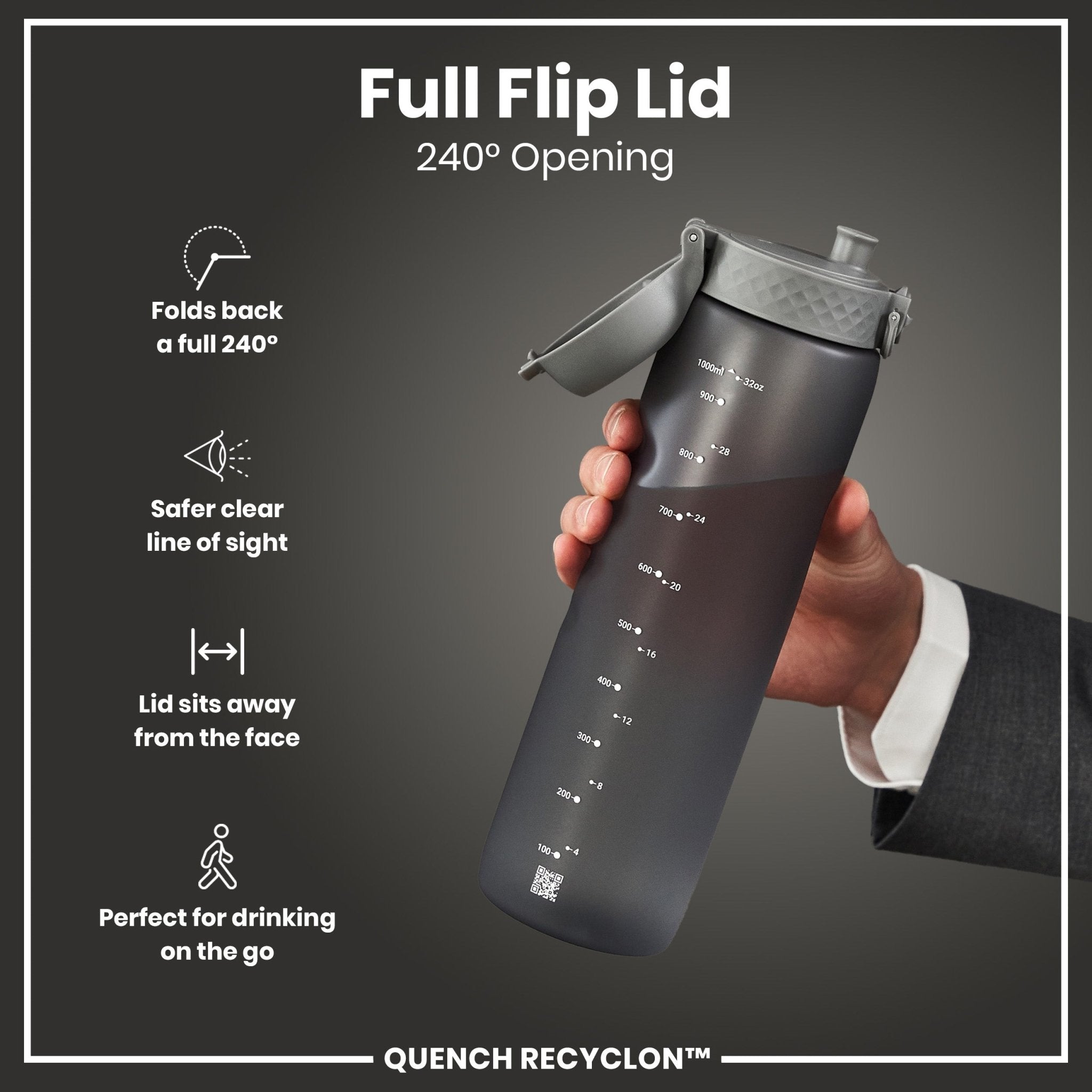 Ion8 Recyclon grey 1-liter water bottle with leak-proof design, made for durable, eco-friendly hydration.
