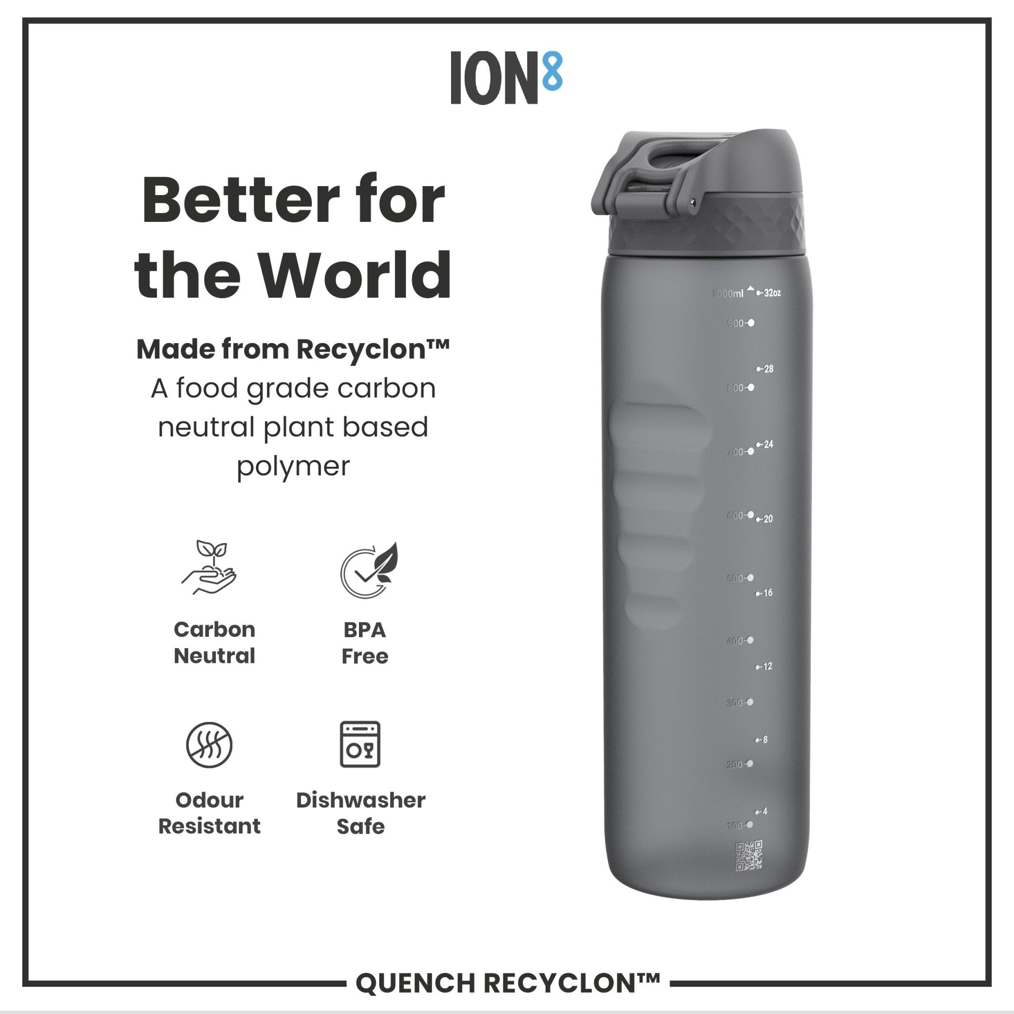 Grey ION8 Recyclon 1-liter leak-proof water bottle with a secure lid and durable design, ideal for hydration on the go.