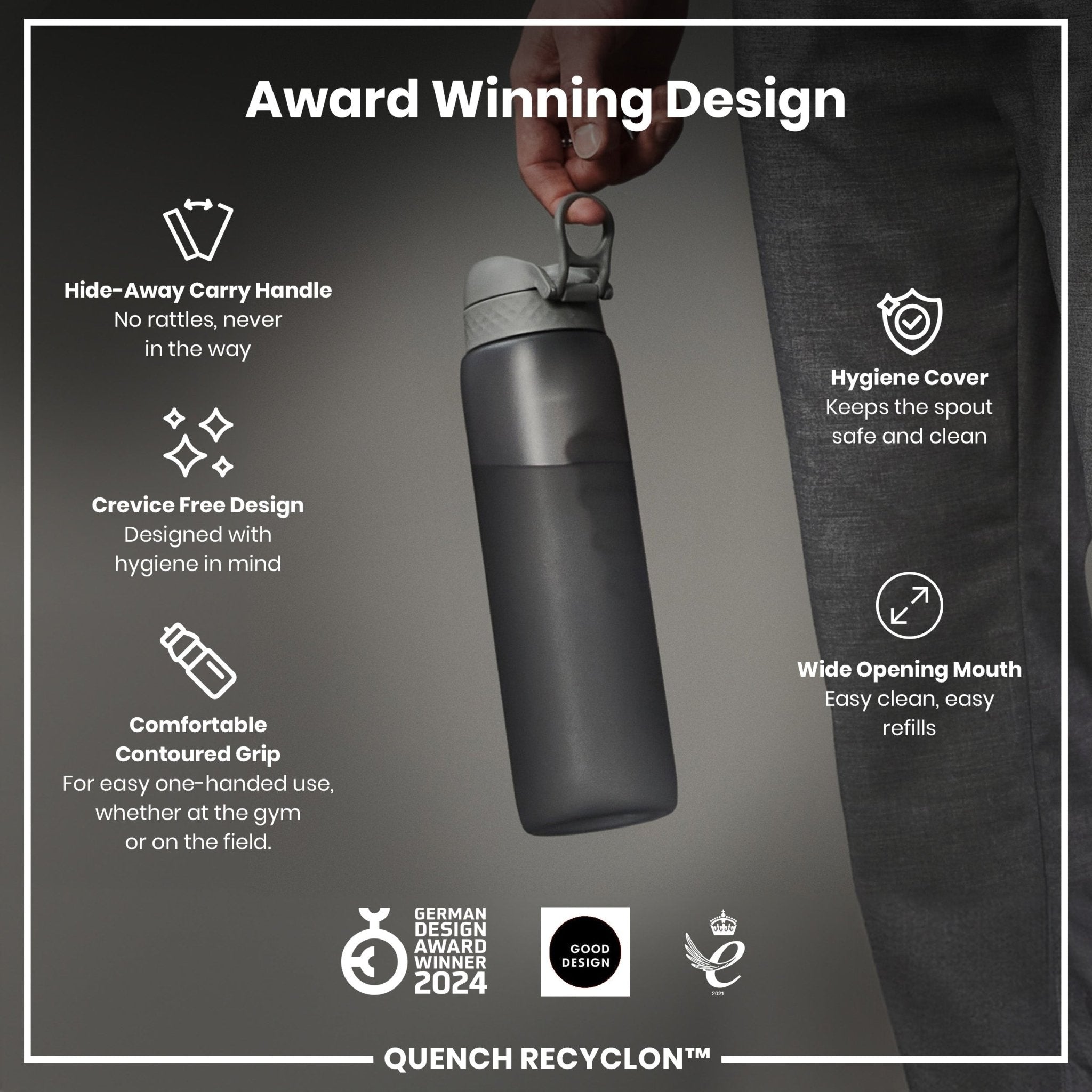 Grey ION8 Recyclon 1L leak-proof water bottle with secure lid and durable design, ideal for hydration on the go.